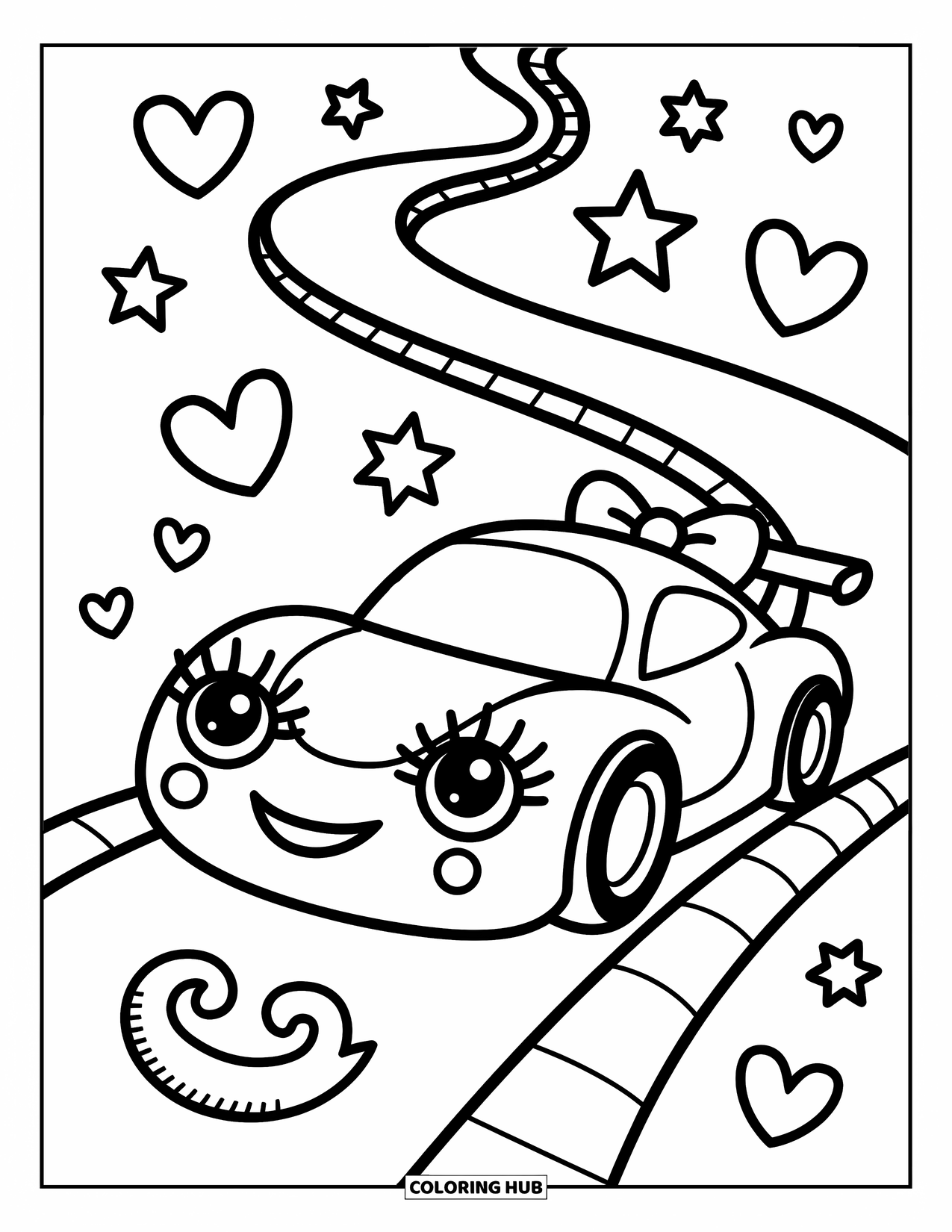 Kleurplaat raceauto voor volwassenen: Een vriendelijke raceauto met lange wimpers en een strik drijft over een bochtig pad met harten