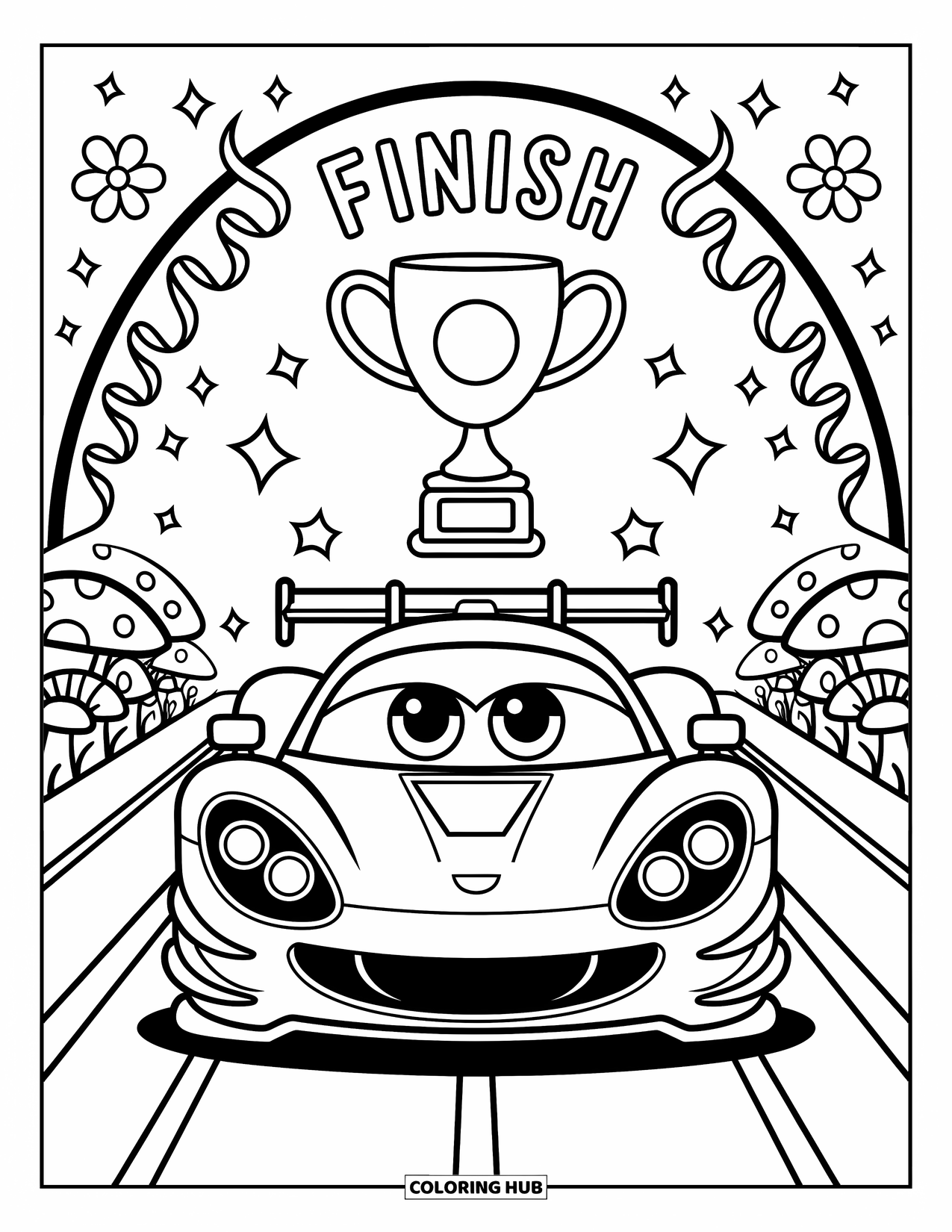 Kleurplaat raceauto voor volwassenen: Een blije raceauto houdt een kleine trofee vast onder een finishlijn met linten en confetti