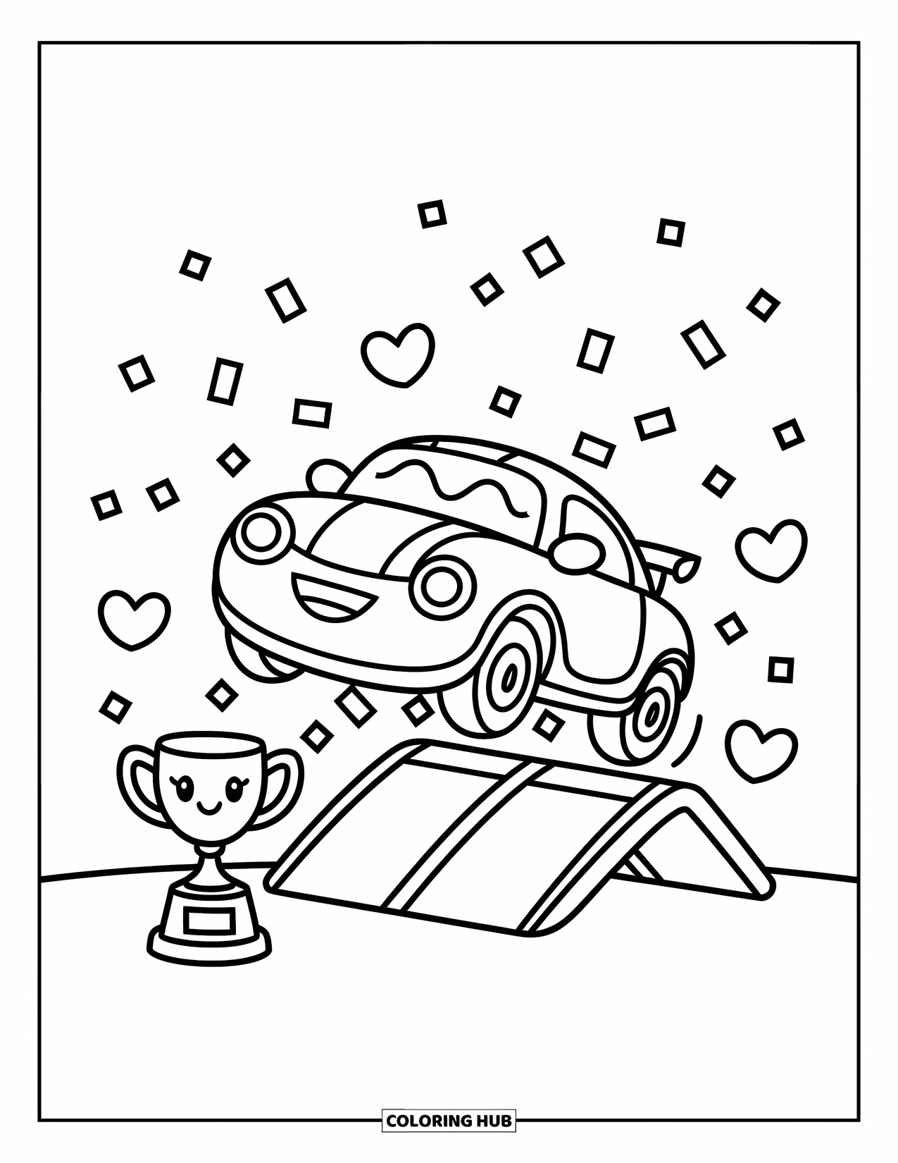 Kleurplaat raceauto voor volwassenen: Een blije raceauto met afgeronde vormen springt van een helling met hartjes en confetti