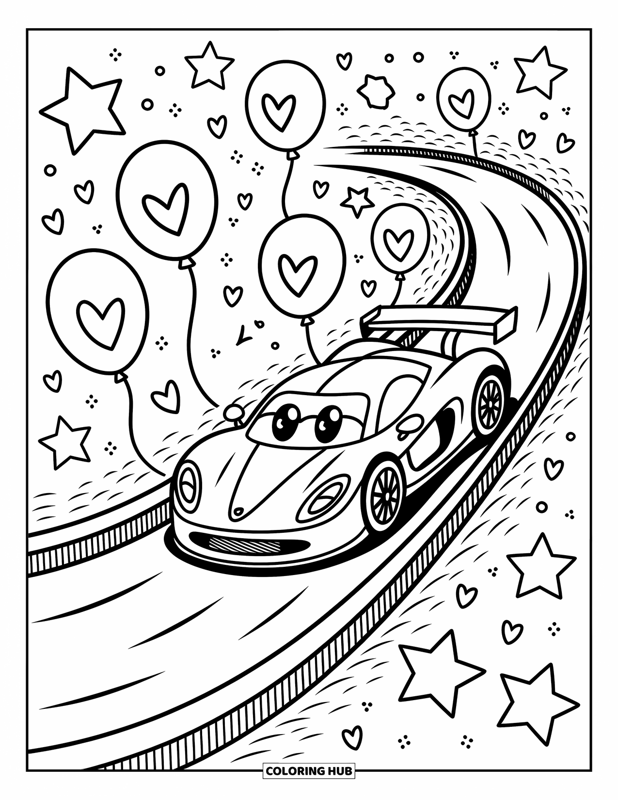 Kleurplaat raceauto voor volwassenen: Een speelse chibi-raceauto glijdt van een spiraalvormige glijbaan met ballonnen, sterren en kleine hartjes