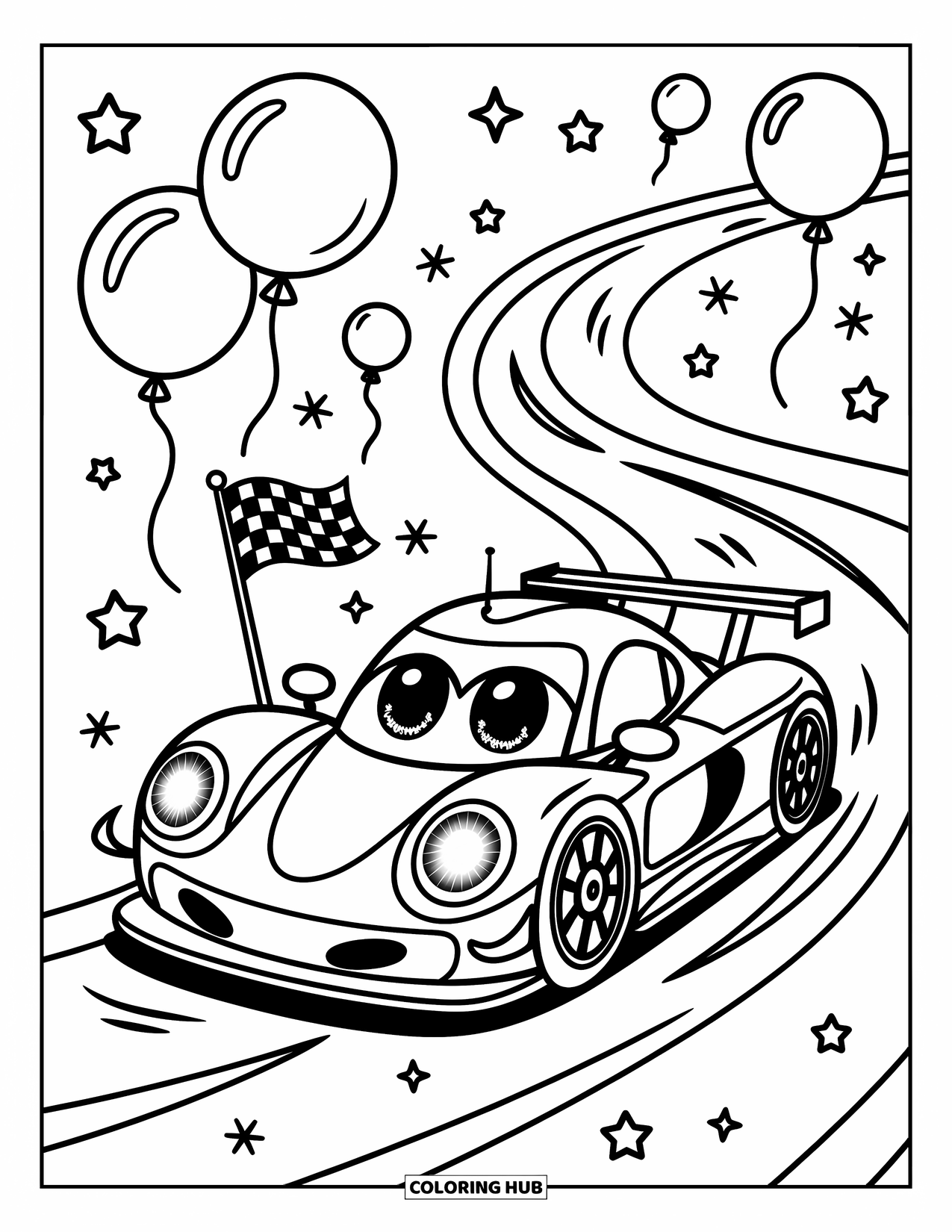 Kleurplaat raceauto voor volwassenen: Een speelse raceauto zoomt over een bochtig circuit omgeven door ballonnen, sterren en wervelingen