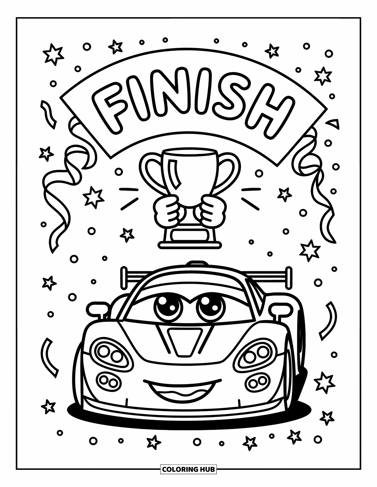 Kleurplaat raceauto voor volwassenen: Een trotse raceauto houdt een kleine trofee vast onder een boog met confetti en krullende linten