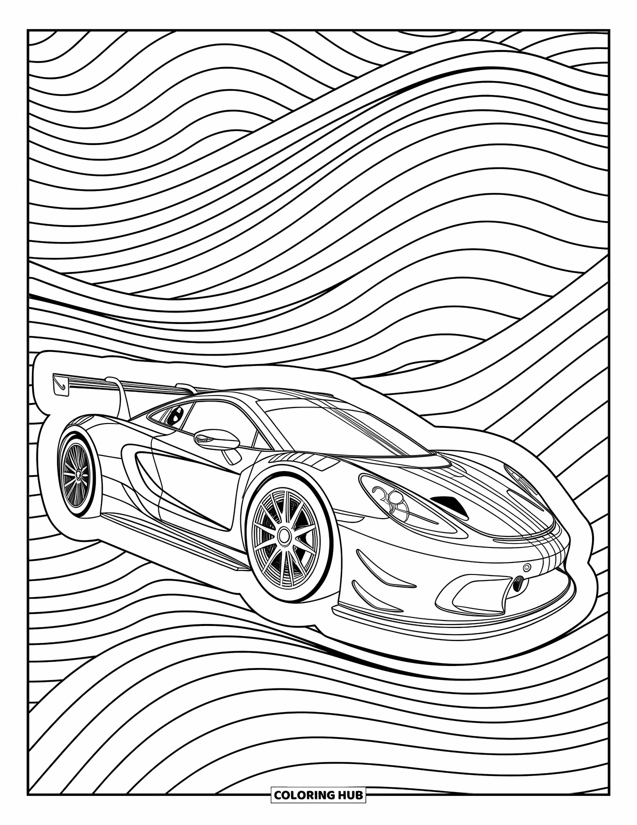 Kleurplaat raceauto voor volwassenen: Een raceauto versierd met golfmotieven en spiralen staat in een gedetailleerd, elegant ontwerp