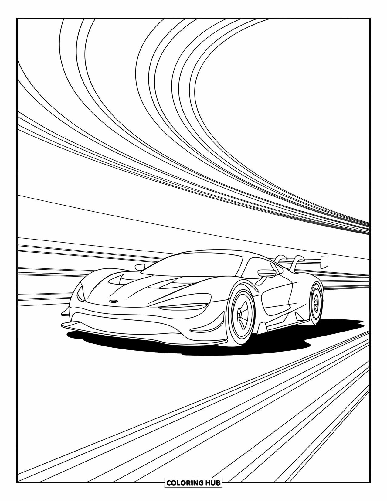 Kleurplaat raceauto voor volwassenen: Een raceauto scheurt vooruit met wervelende abstracte lijnen die eromheen dansen
