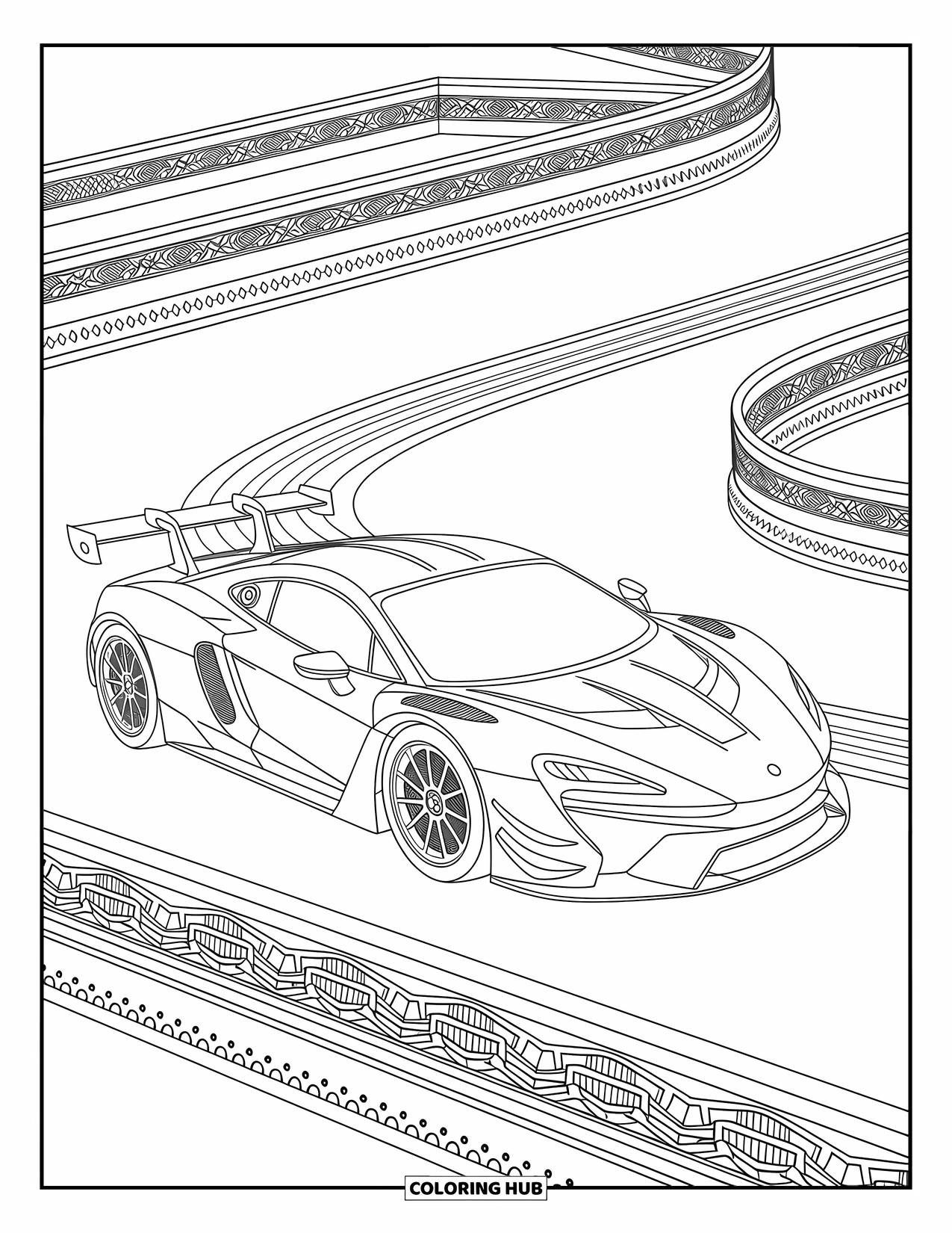 Kleurplaat raceauto voor volwassenen: Een raceauto kronkelt door doolhofachtige circuits met decoratieve randen en ingewikkelde ontwerpen