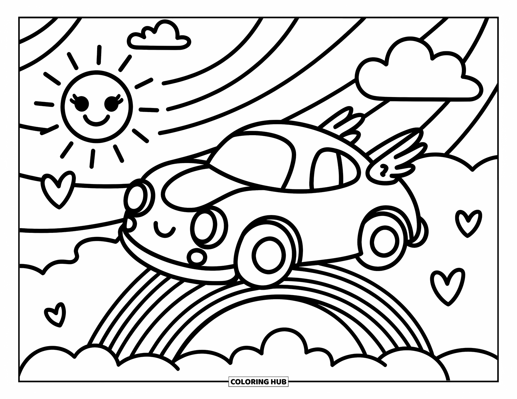 Kleurplaat raceauto voor volwassenen: Een raceauto met kleine vleugels glijdt over een regenbooghelling met hartjeswolken en wervelende patronen