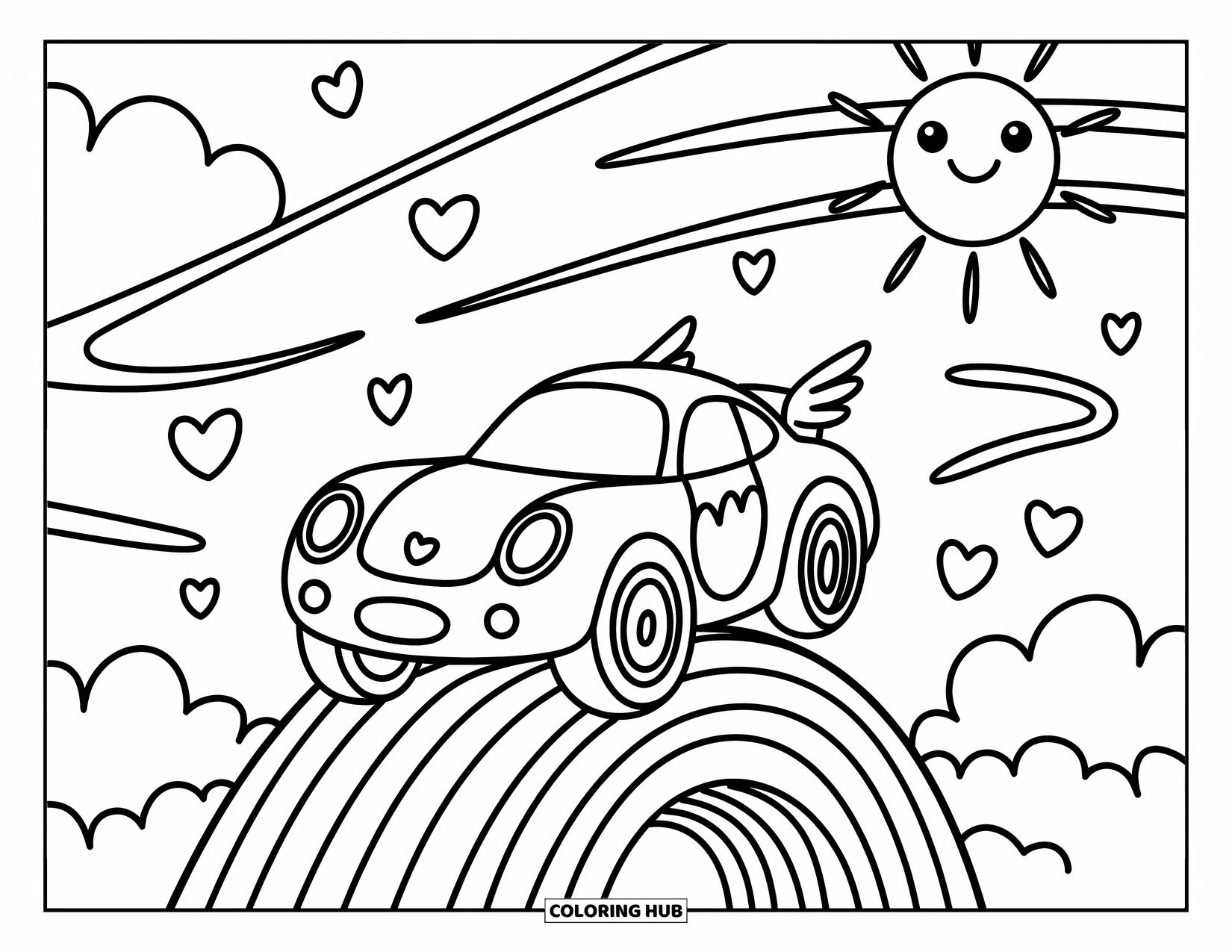 Kleurplaat raceauto voor volwassenen: Een raceauto met vleugels zweeft over een regenbooghelling met een blije zon en wervelende lijnen