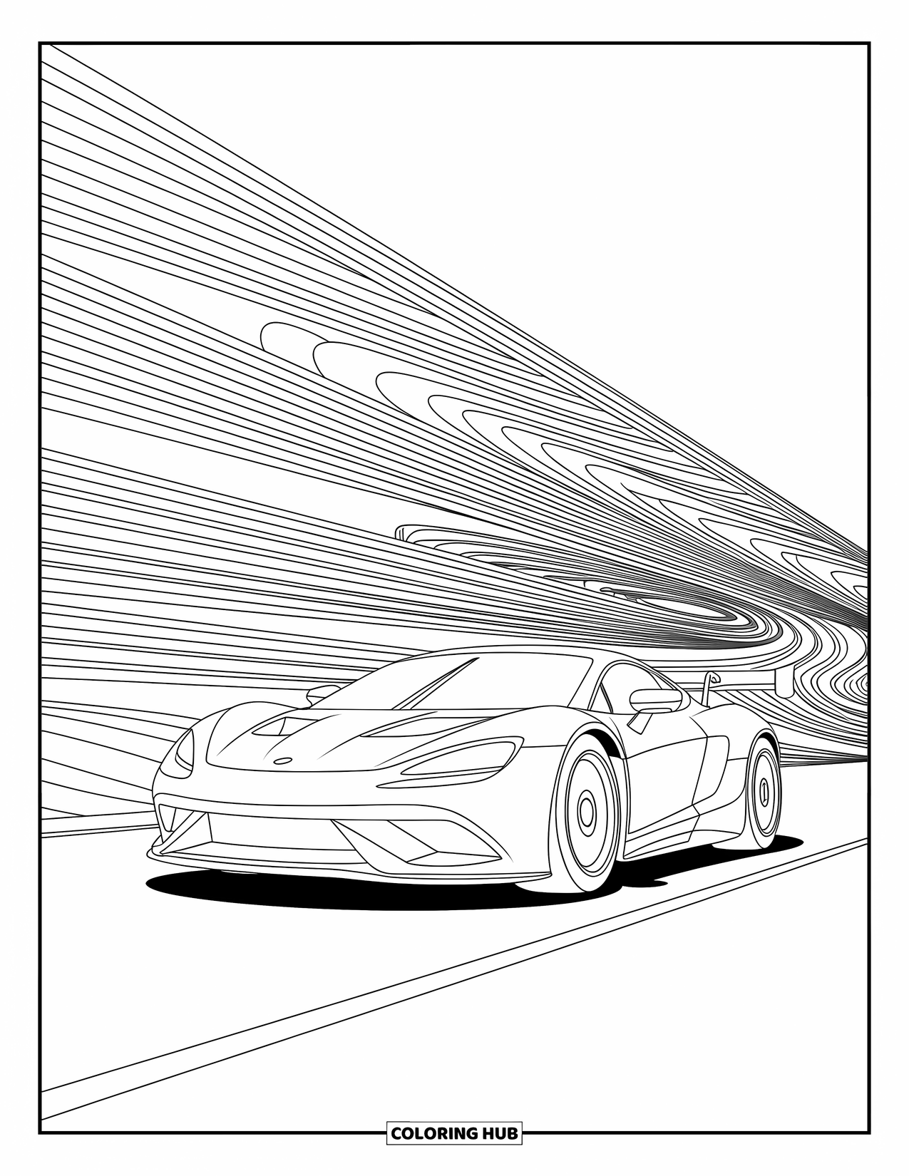 Raceauto Kleurplaat voor Volwassenen: Een raceauto zoomt naar voren met wervelende lijnen en zachte patronen eromheen