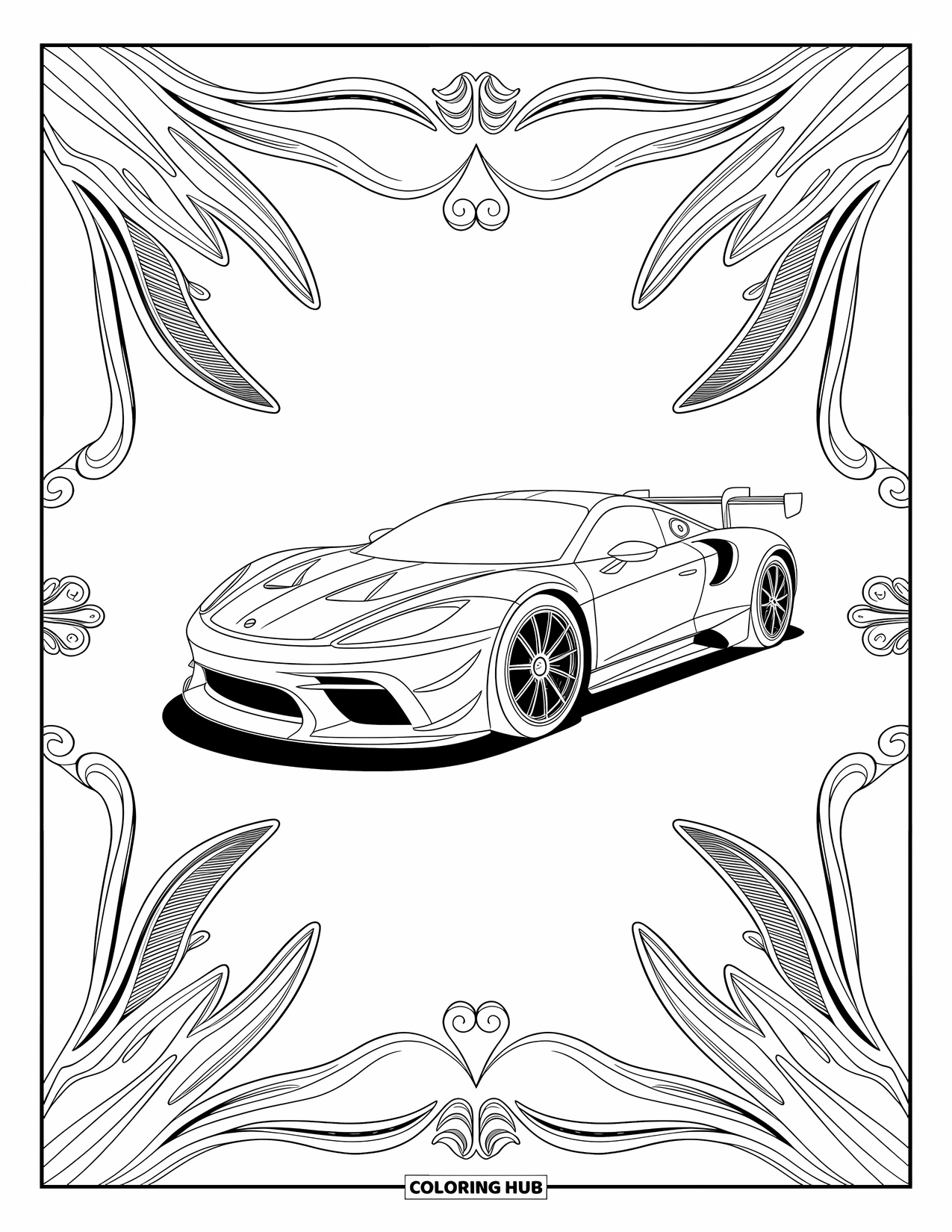 Raceauto Kleurplaat voor Volwassenen: Een gestroomlijnde raceauto wordt omlijst door vloeiend filigraan en symmetrische decoratieve versieringen