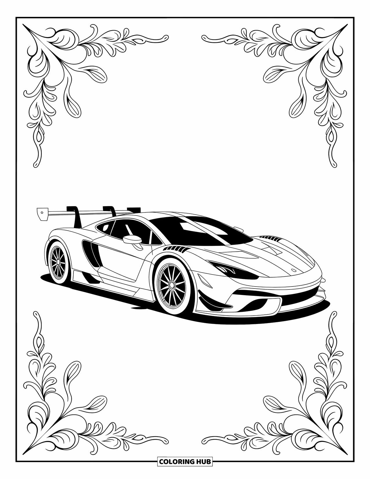 Raceauto Kleurplaat voor Volwassenen: Een gestroomlijnde raceauto is omgeven door gedetailleerde randen en vloeiende decoratieve versieringen