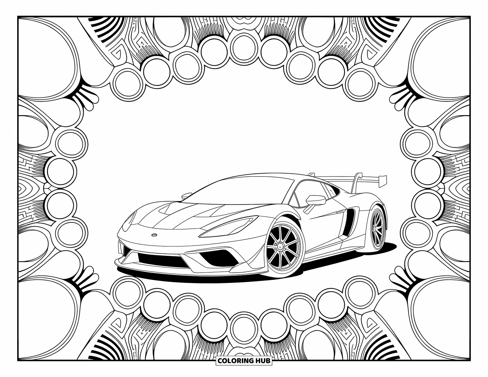 Kleurplaat raceauto voor volwassenen: Een gestroomlijnde raceauto is omgeven door mechanische patronen in mandala-stijl en decoratieve details