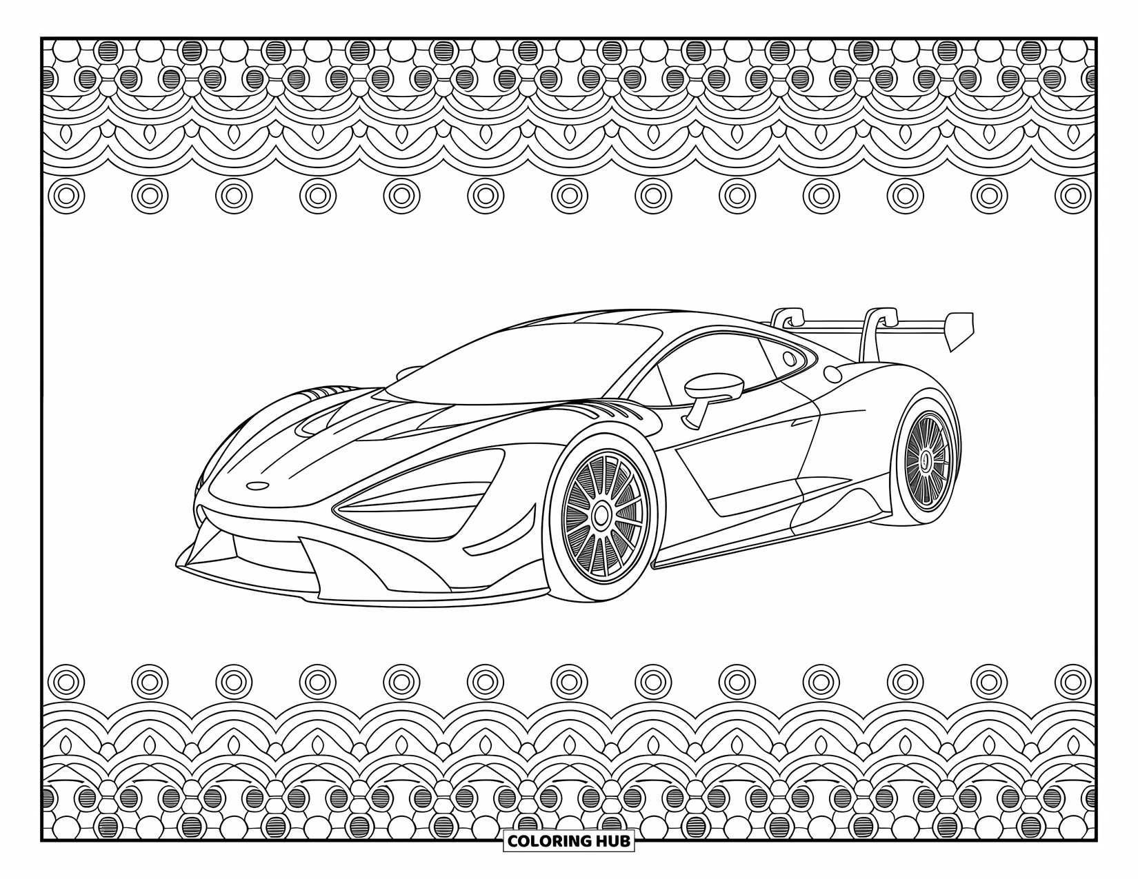 Kleurplaat raceauto voor volwassenen: Een gestroomlijnde raceauto staat in het midden, omgeven door cirkelvormige patronen en mechanische ontwerpen
