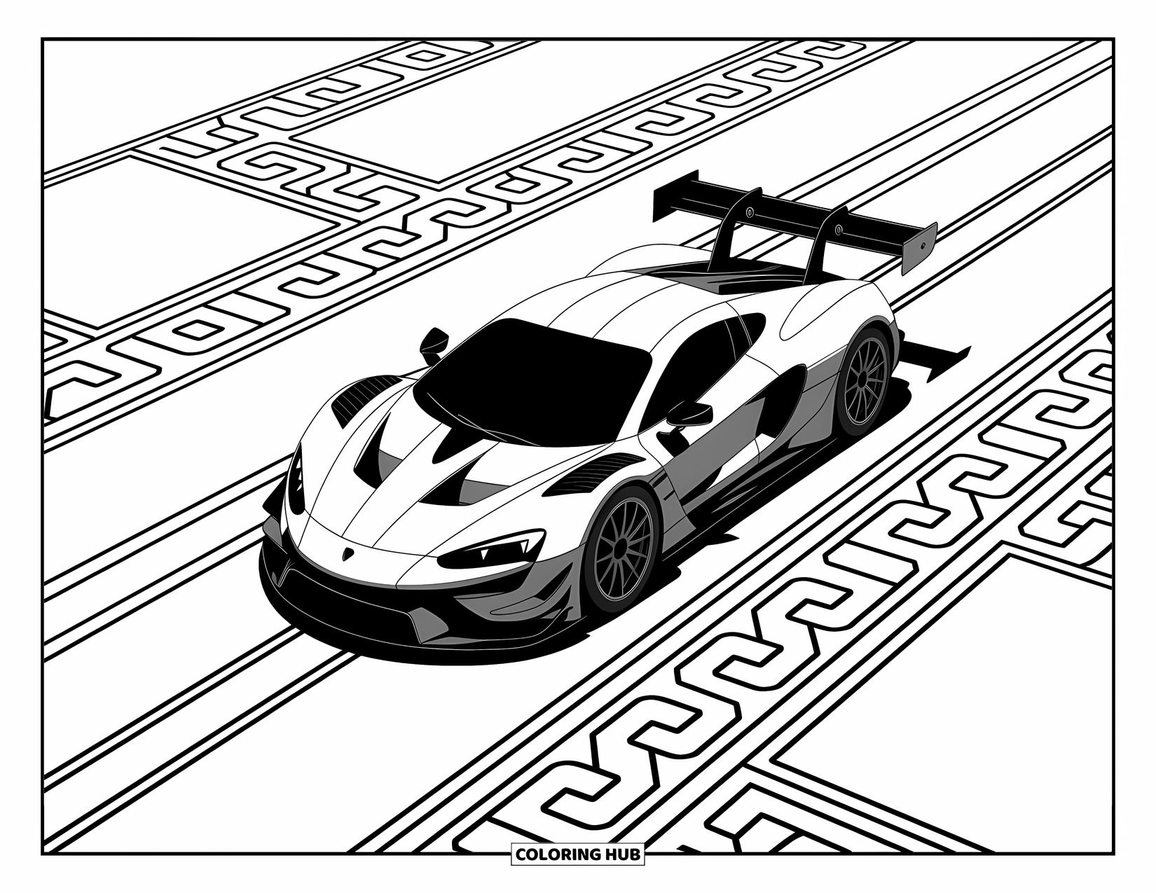 Kleurplaat raceauto voor volwassenen: Een gestroomlijnde raceauto met mechanische vleugels staat tussen elegante, herhalende achtergrondpatronen