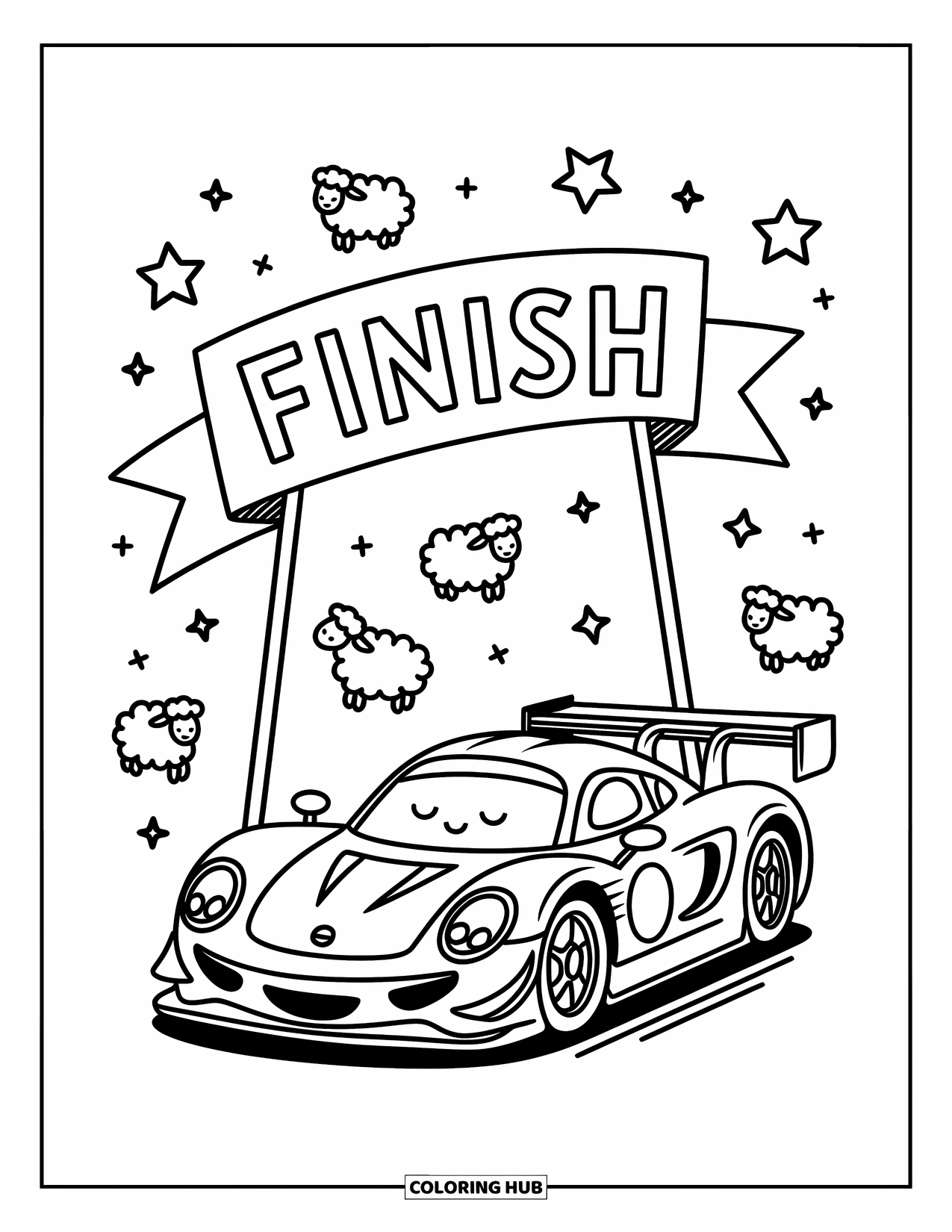 Kleurplaat raceauto voor volwassenen: Een slaperige raceauto rust onder een lintbanner met zachte schapen en fonkelende sterren erboven