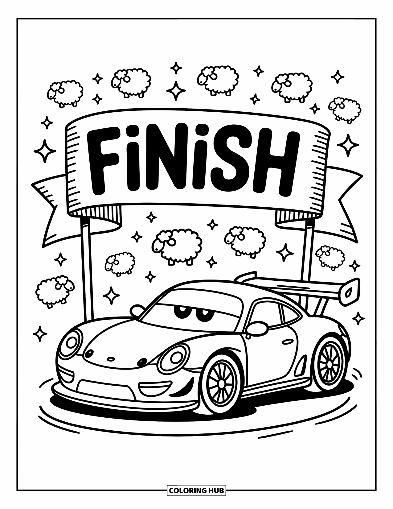 Kleurplaat raceauto voor volwassenen: Een slaperige raceauto rust onder een lint-finishlijn met kleine schaapjes en fonkelende sterren erboven