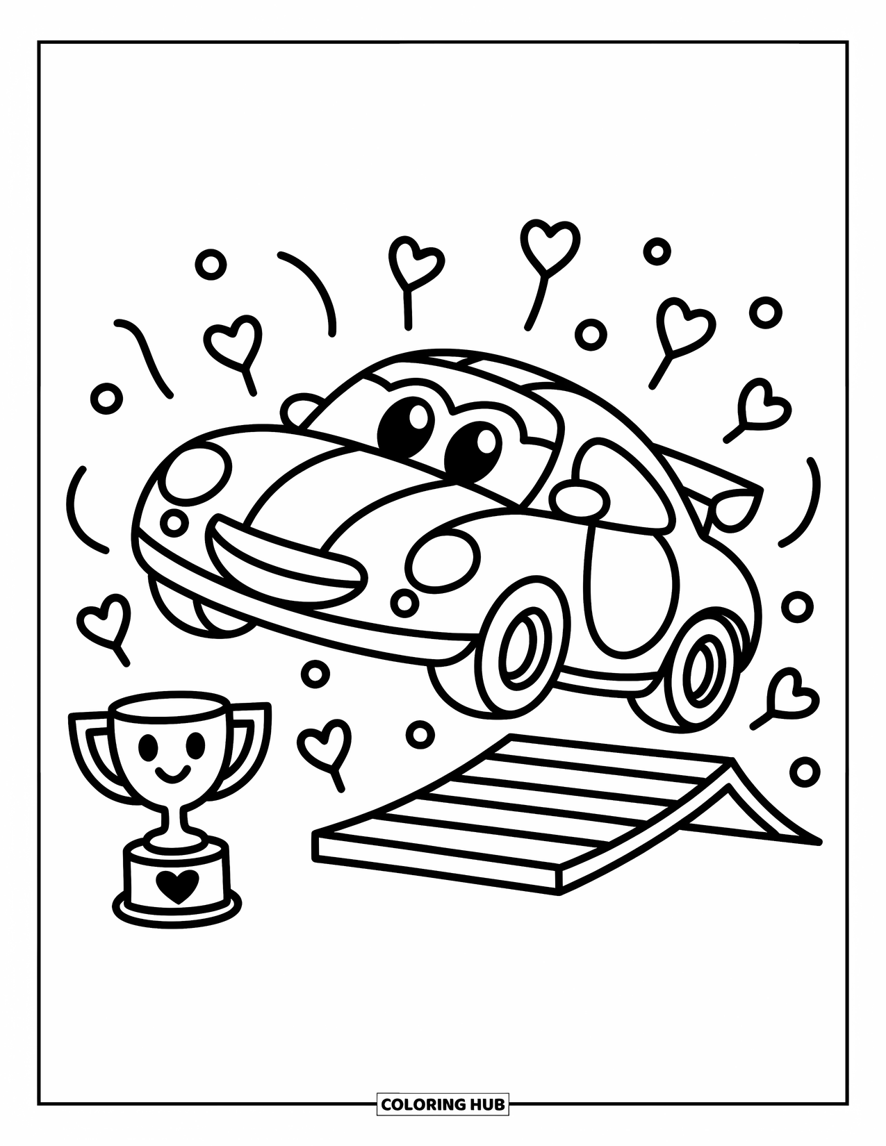 Kleurplaat raceauto voor volwassenen: Een lachende raceauto springt van een helling met confetti, hartjes en een blije trofee in de buurt