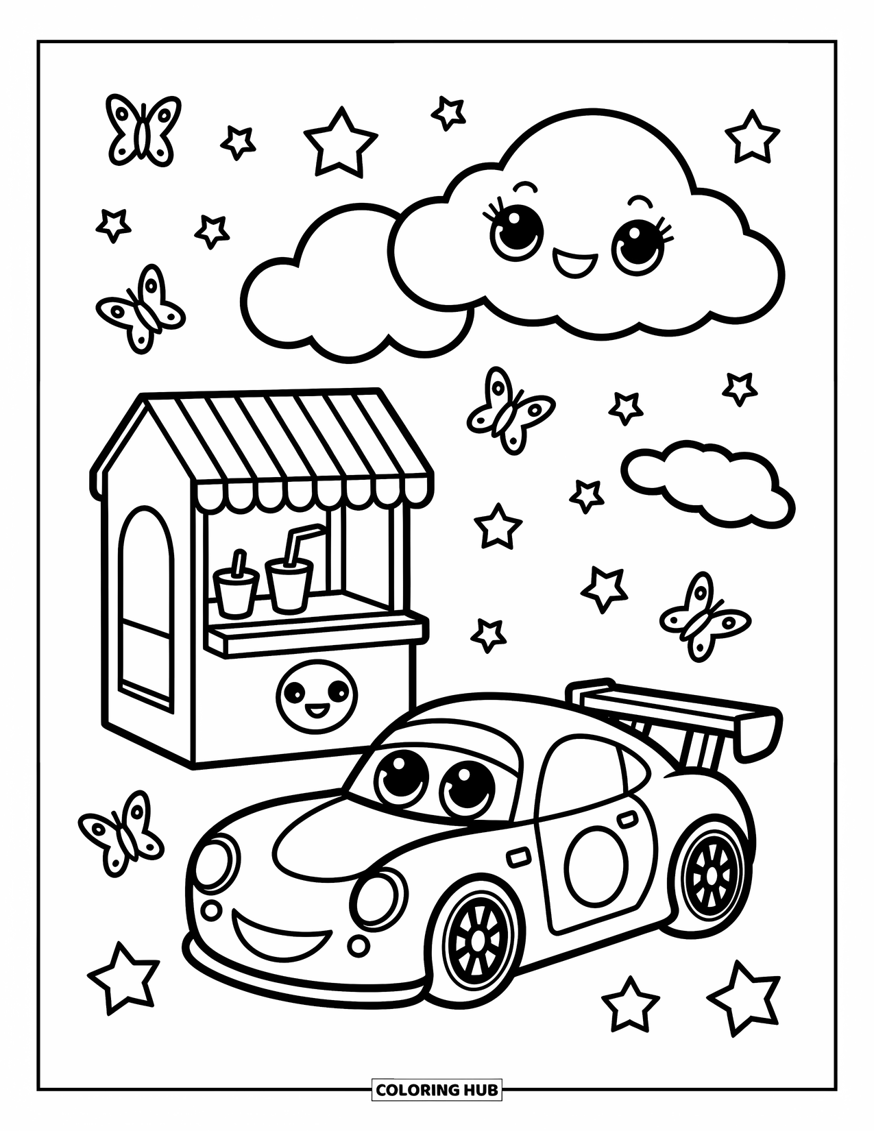 Kleurplaat raceauto voor volwassenen: Een lachende raceauto rust bij een limonadekraam met zwevende wolken, vlinders en wervelende sterren