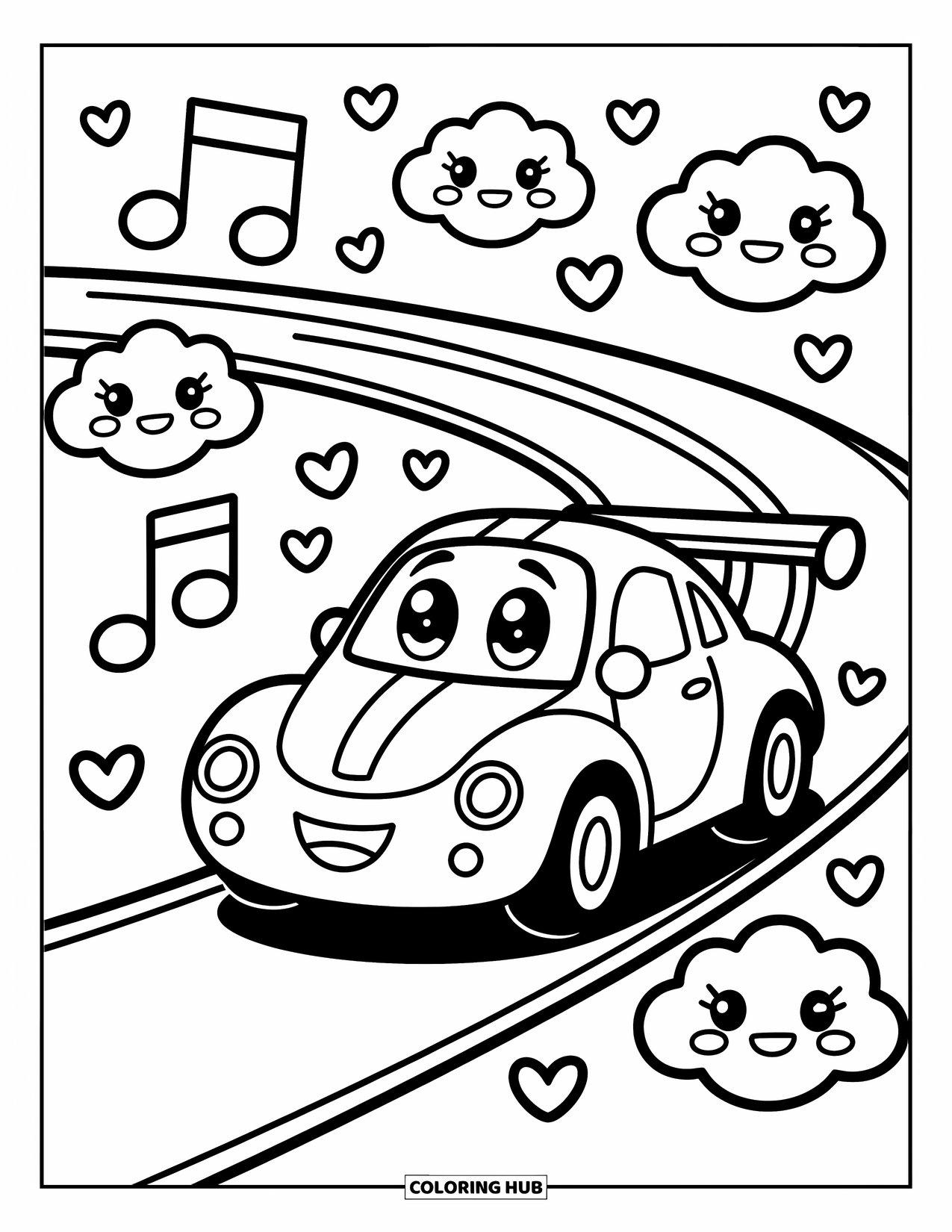 Kleurplaat raceauto voor volwassenen: Een lachende raceauto rijdt langzaam in een lus op een bochtig circuit met zwevende noten en blije wolken