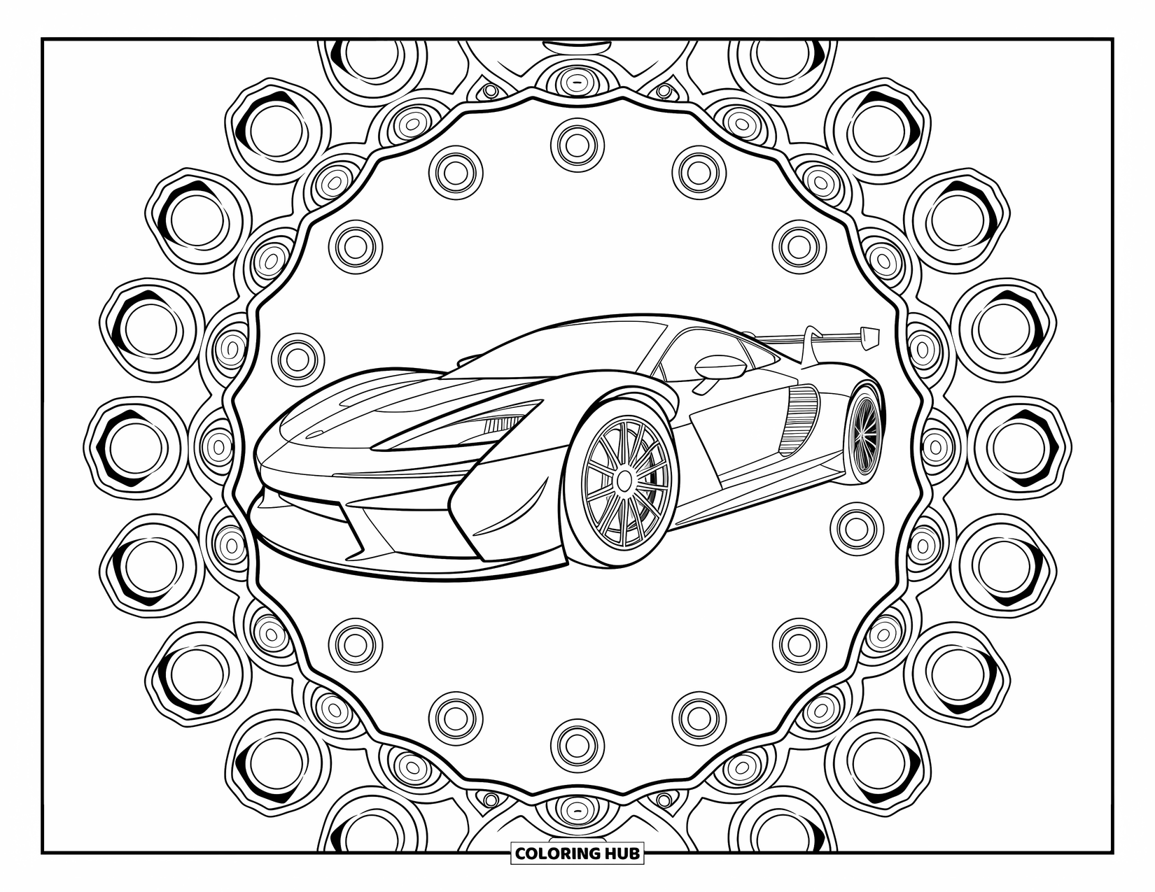 Kleurplaat raceauto voor volwassenen: Een stijlvolle raceauto wordt omlijst door wervelende patronen en ingewikkelde mechanische vormen