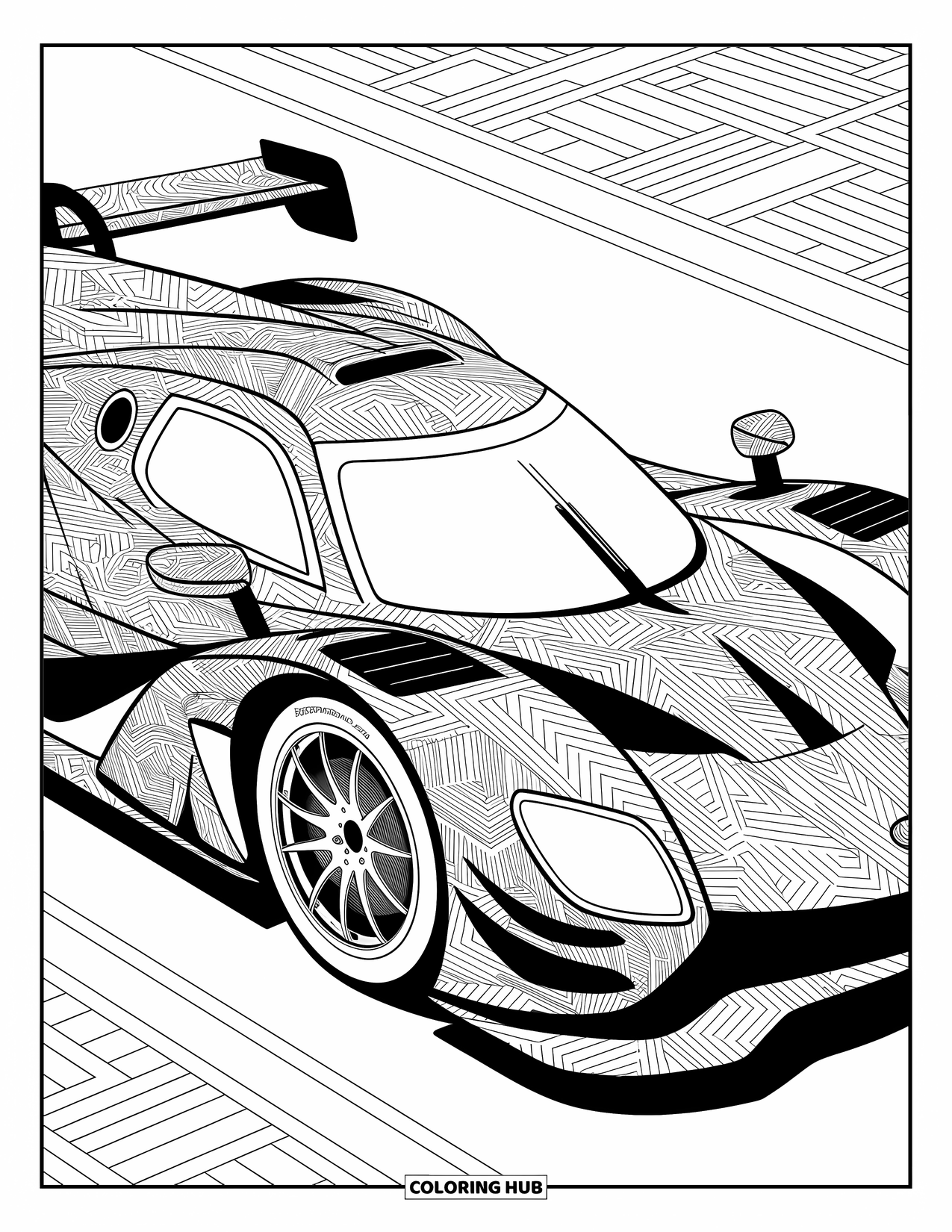 Kleurplaat raceauto voor volwassenen: Een stijlvolle raceauto met gedetailleerde tribale patronen staat tussen geometrische vormen en wervelingen