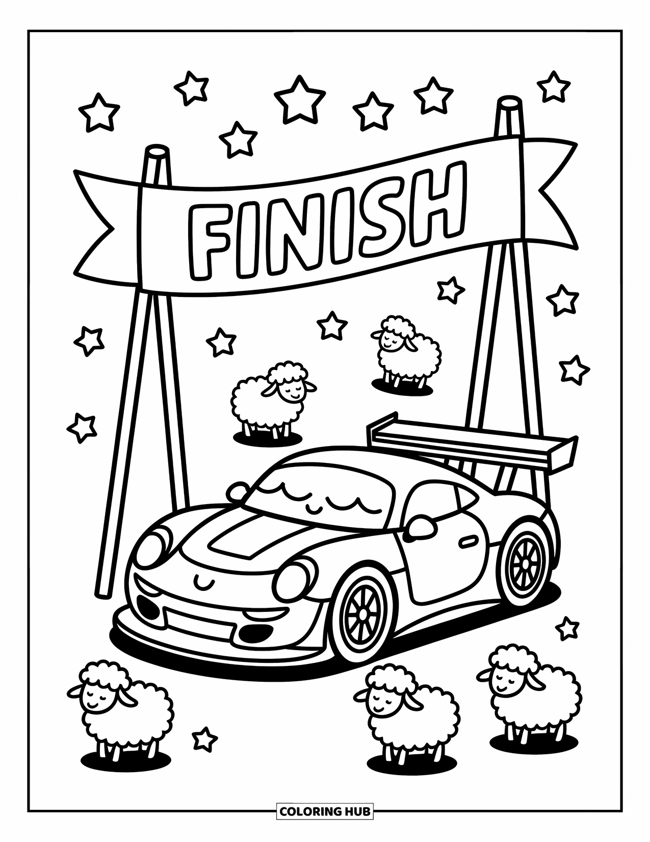 Kleurplaat raceauto voor volwassenen: Een vermoeide raceauto ontspant onder een lintbanner terwijl zachte schapen tussen fonkelende sterren zweven