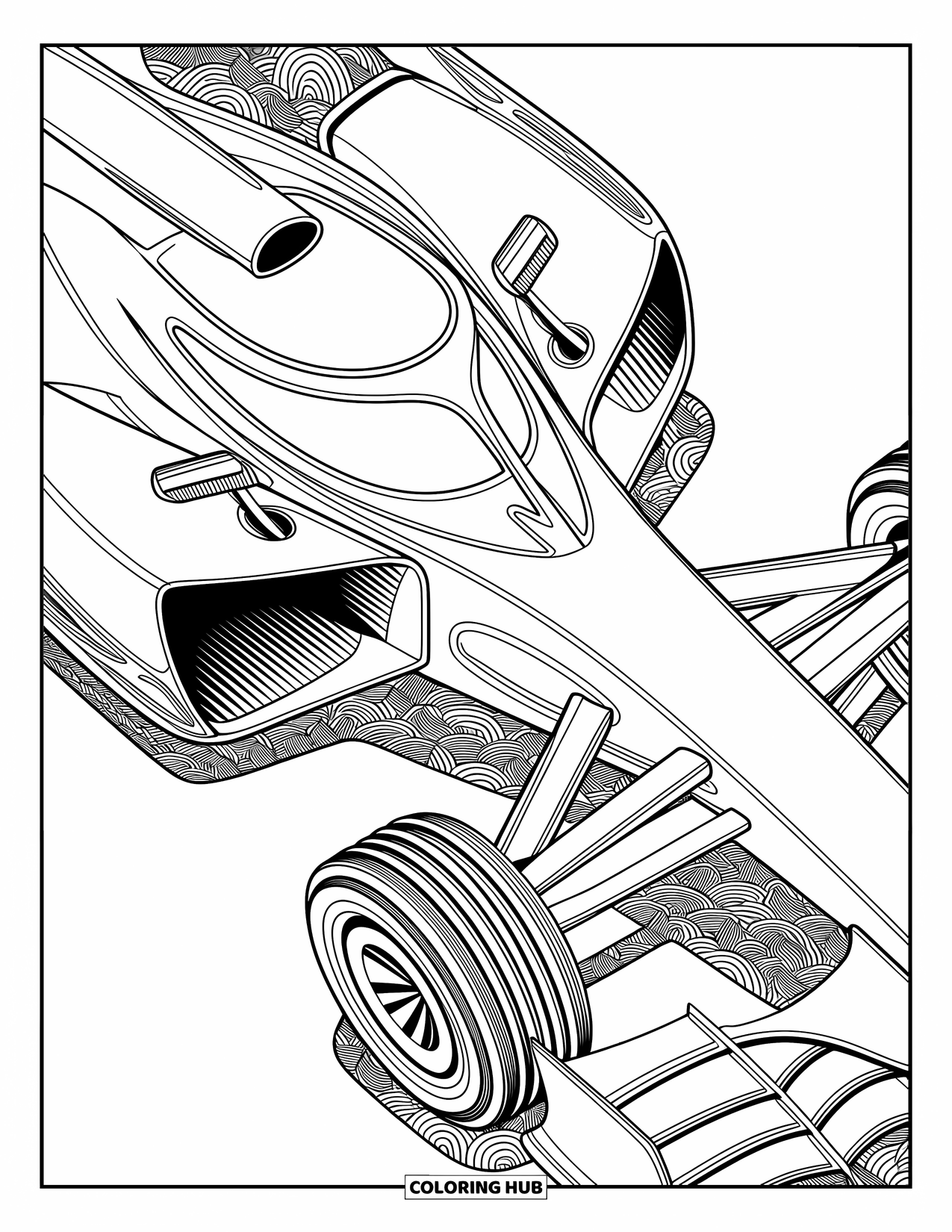 Raceauto Kleurplaat voor Volwassenen: Overlappende tandwielen en zuigers creëren een gedetailleerde raceautovorm met artistieke ontwerpen
