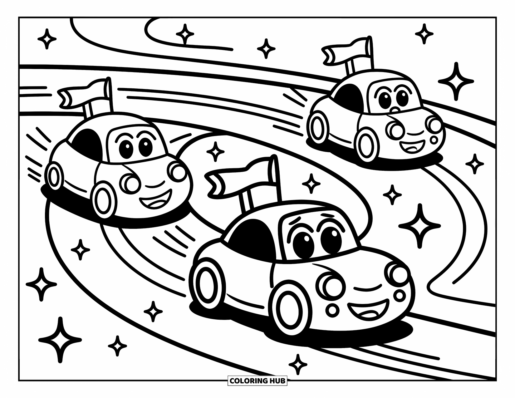 Kleurplaat raceauto voor volwassenen: Drie speelse raceauto's zoomen over een spiraalvormig circuit met schattige vlaggen en verspreide glitters