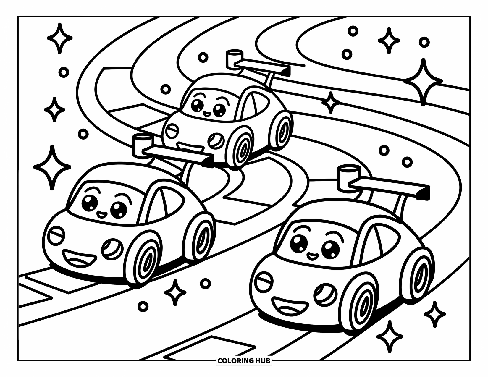 Kleurplaat raceauto voor volwassenen: Drie kleine raceauto's racen op een spiraalvormig circuit met wapperende vlaggen en speelse glitters