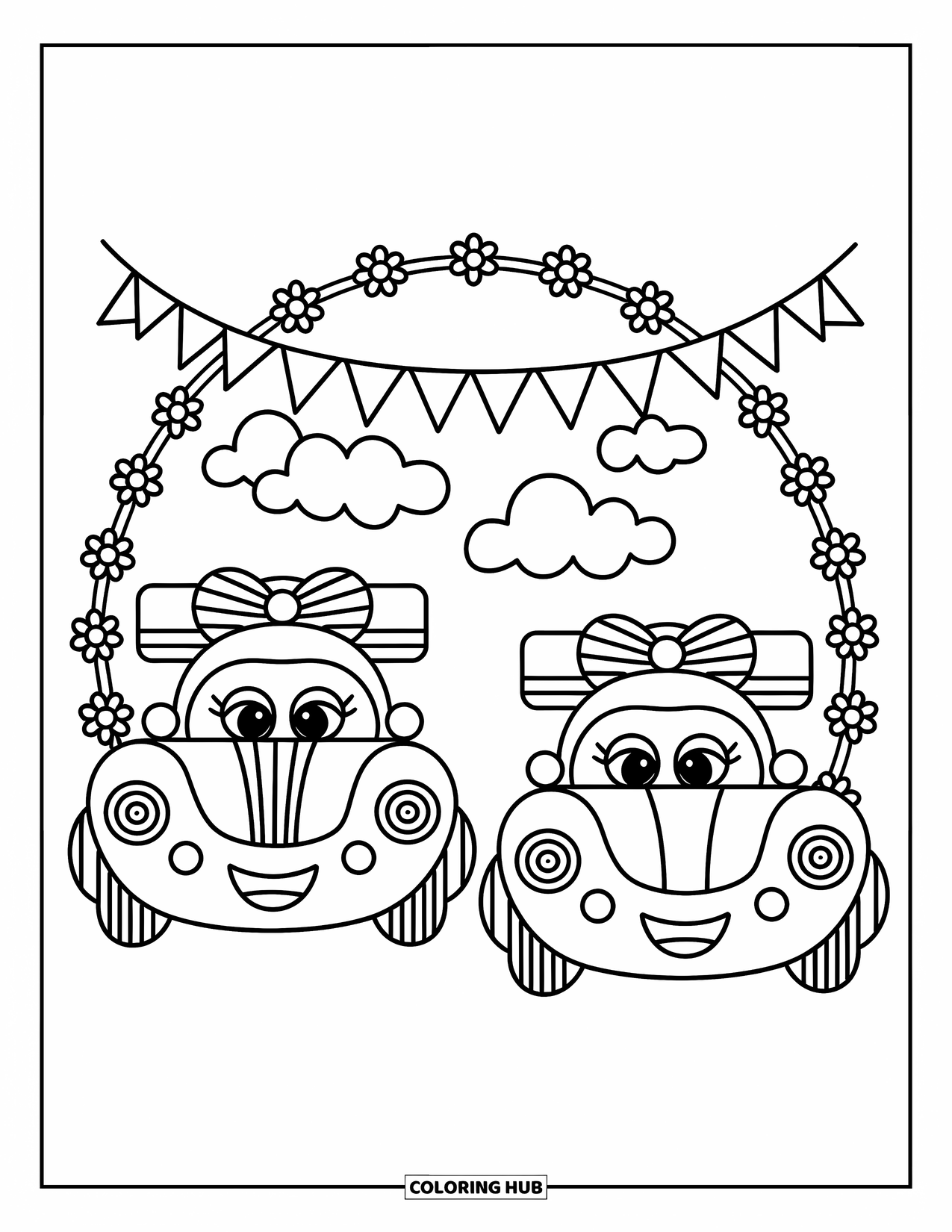 Kleurplaat raceauto voor volwassenen: Twee kawaii-raceauto's met strikken strijden zij aan zij onder een banner met kleine bloemen