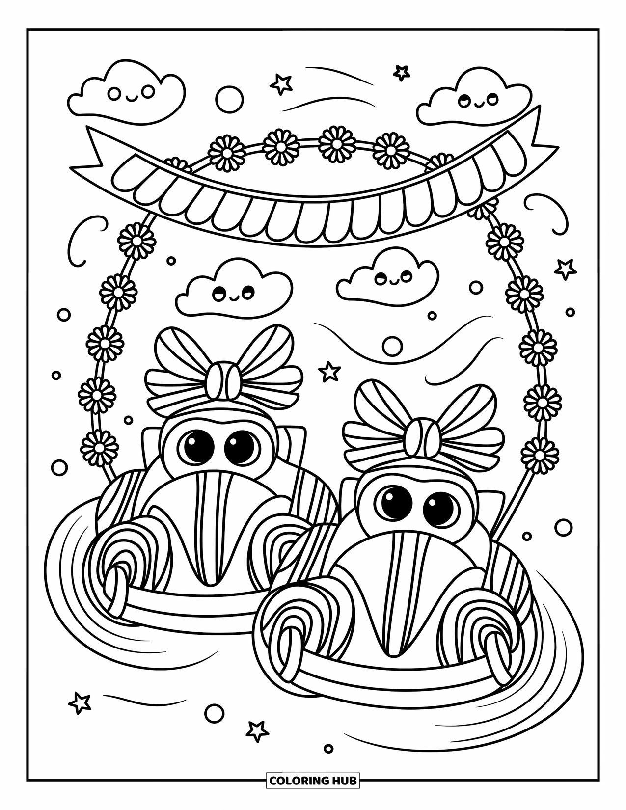 Kleurplaat raceauto voor volwassenen: Twee speelse raceauto's met strikken racen zij aan zij onder een met bloemen versierde banner