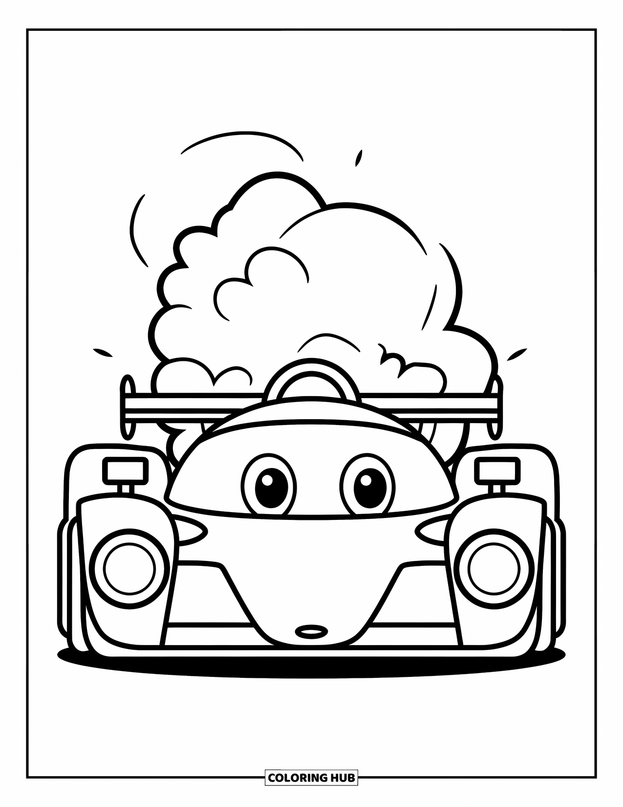 Raceauto Kleurplaat voor Kinderen: Een eenvoudige raceauto met grote koplampen rijdt met pluizige rook erachter