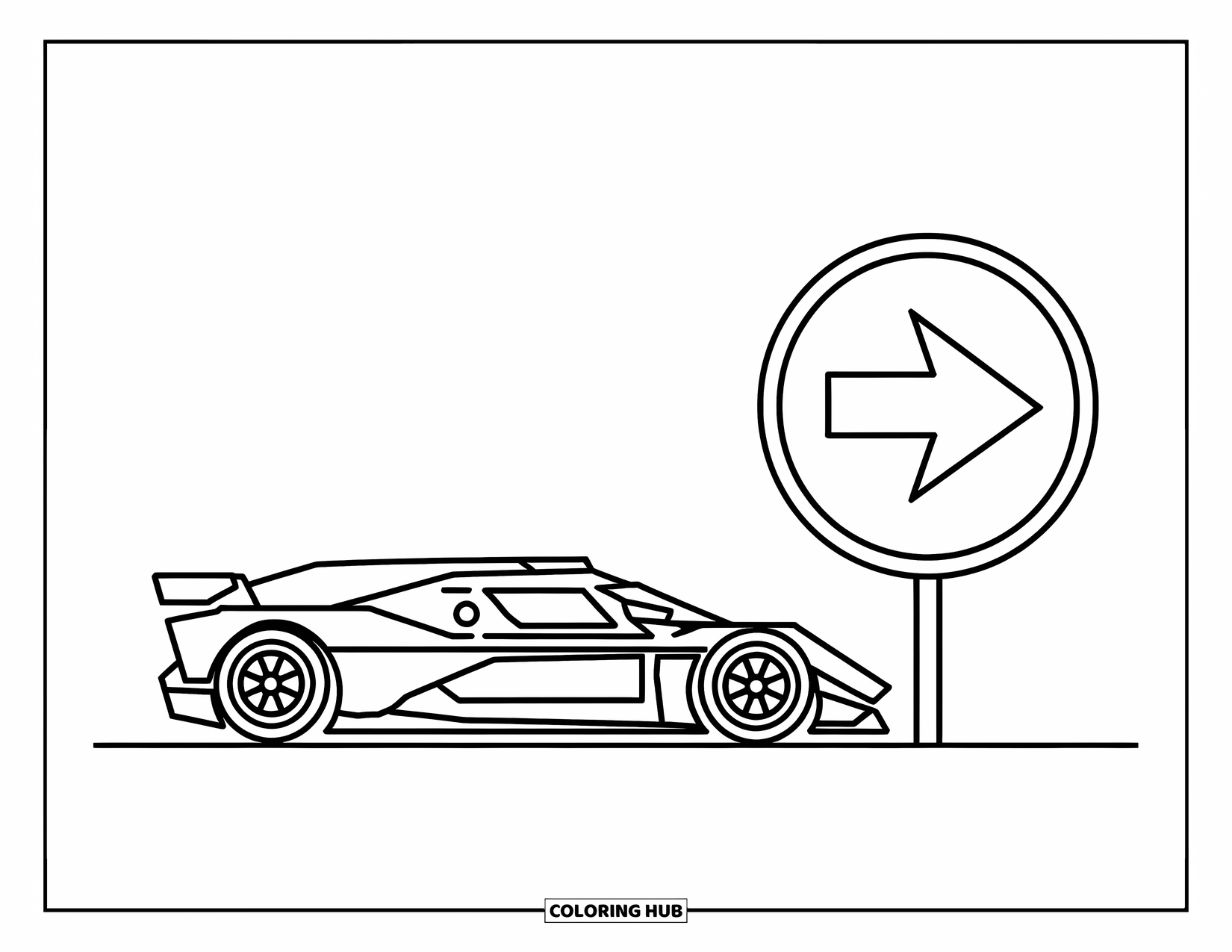 Raceauto Kleurplaat voor Kinderen: Een gedurfde raceauto staat geparkeerd naast een groot pijlbord met een pijl die naar rechts wijst
