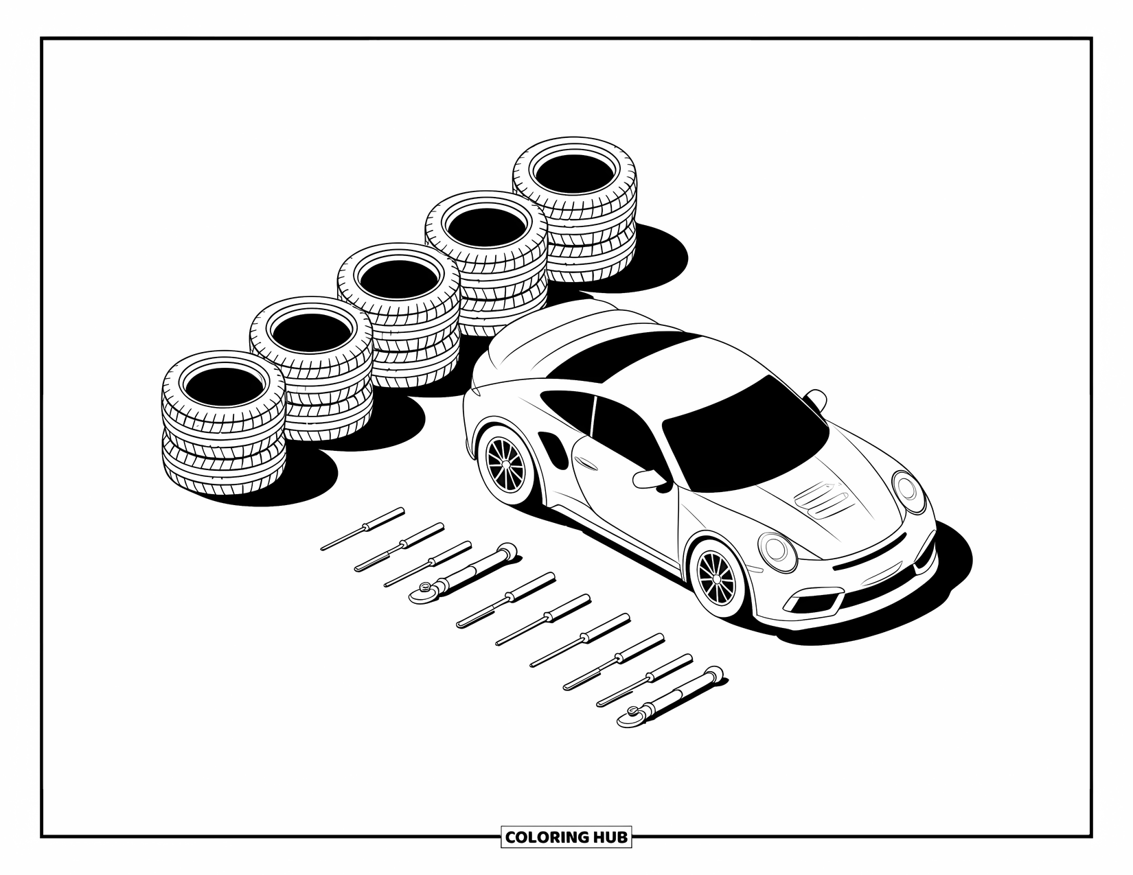 Raceauto Kleurplaat voor Kinderen: Een auto parkeert in de buurt van gestapelde banden en gereedschap die in een ordelijke opstelling zijn gerangschikt