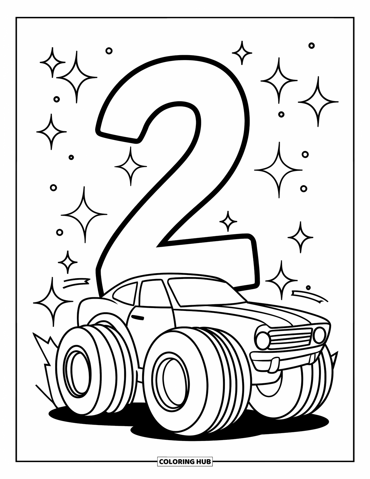 Raceauto Kleurplaat voor Kinderen: Een auto met enorme banden en nummer 2 is omgeven door glitters