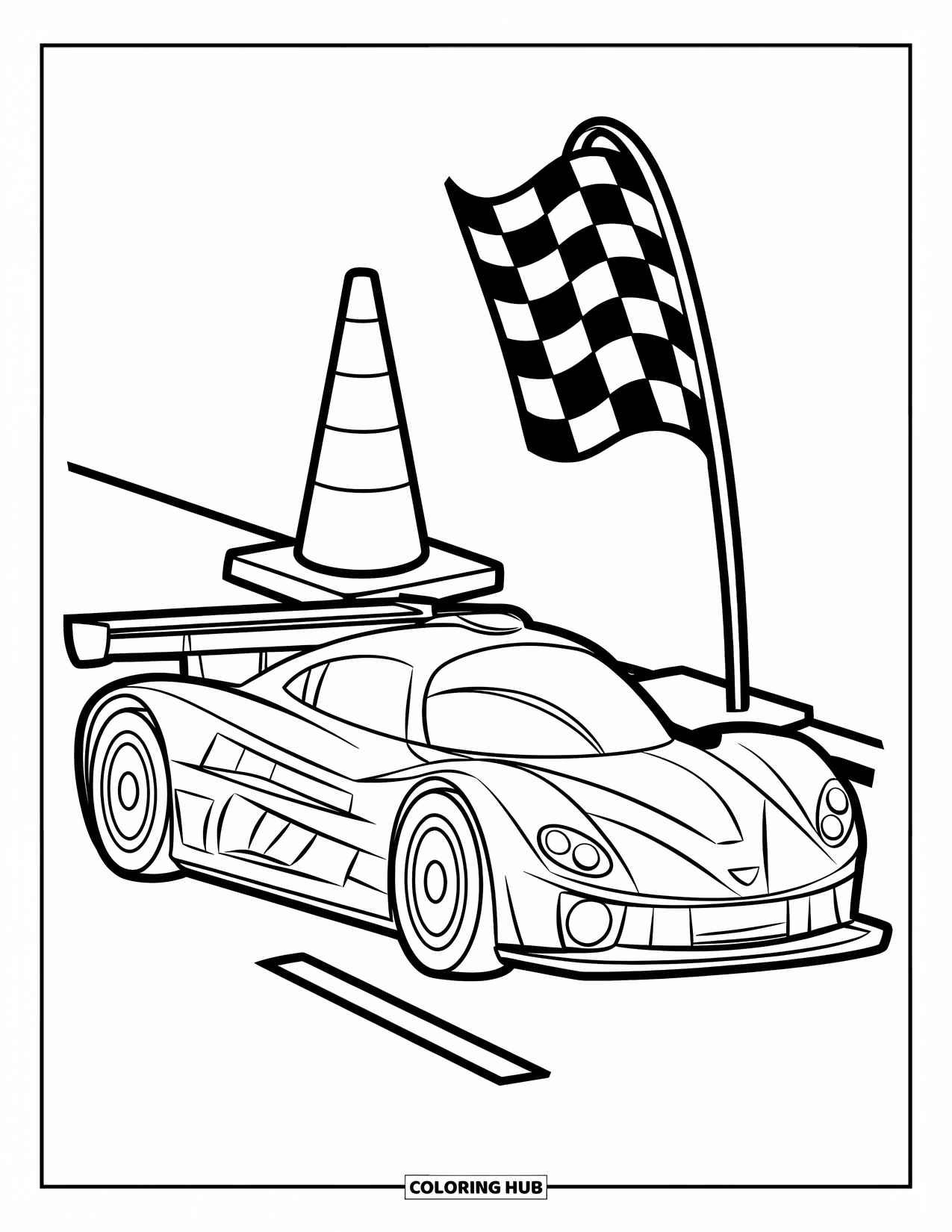 Raceauto Kleurplaat voor Kinderen: Een vrolijke raceauto staat geparkeerd in de buurt van een verkeerskegel en een nabijgelegen finishvlag