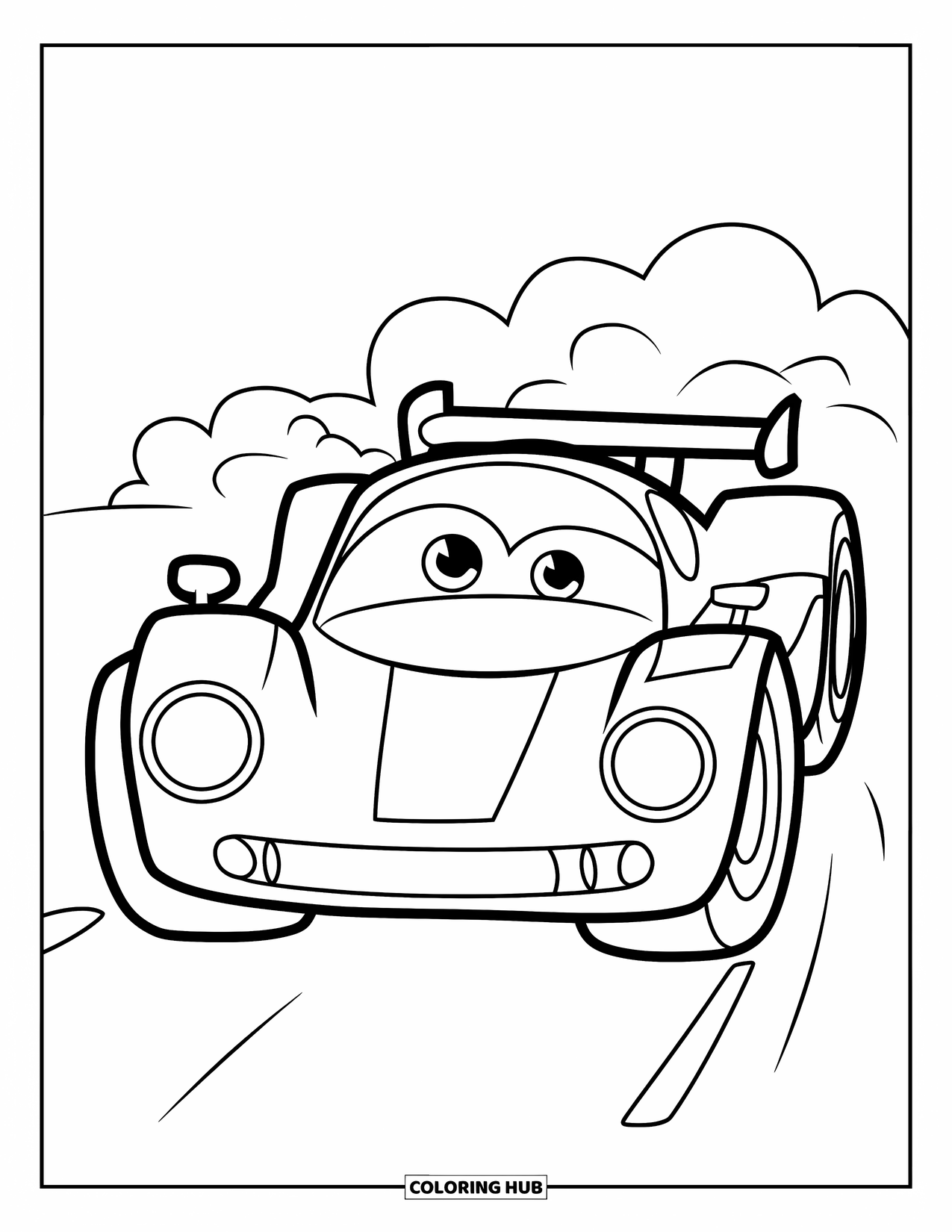 Raceauto Kleurplaat voor Kinderen: Een vrolijke raceauto met grote koplampen en pluizige rooksporen erachter