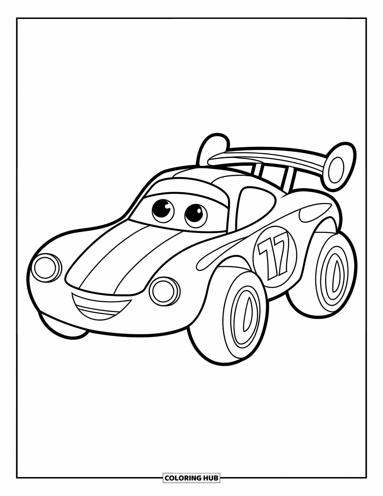 Raceauto Kleurplaat voor Kinderen: Een vrolijke raceauto met grote wielen en een groot nummer