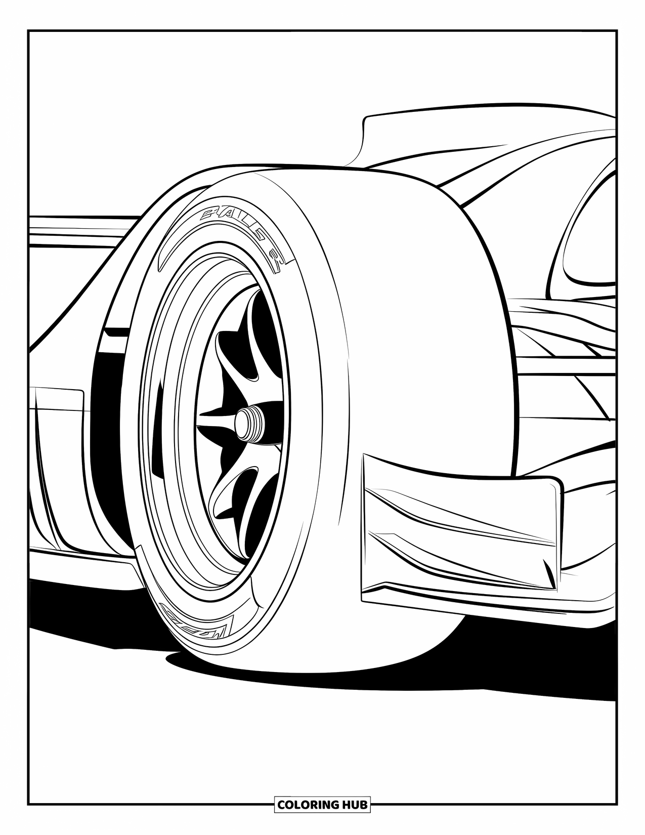 Raceauto Kleurplaat voor Kinderen: Een close-up van een raceautoband met gedetailleerde wielmoeren en zijgroeven