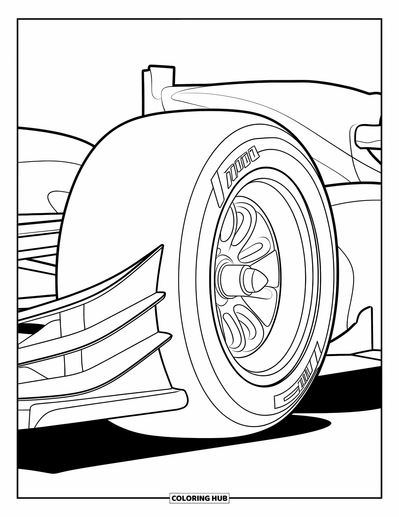 Raceauto Kleurplaat voor Kinderen: Een close-up van een raceautoband met wielmoeren en zijgroeven