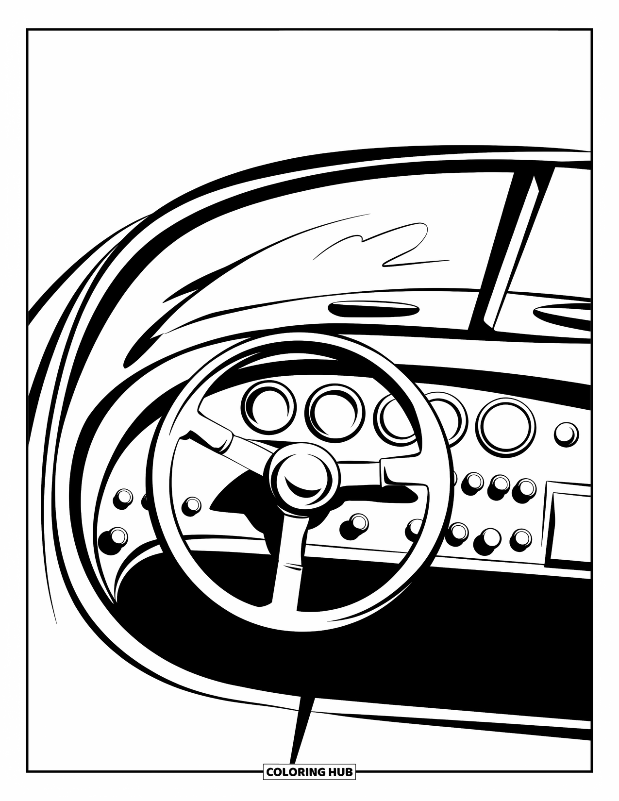 Raceauto Kleurplaat voor Kinderen: Een cockpitweergave met een glad stuur, knoppen en gebogen ventilatieopeningen op de voorruit