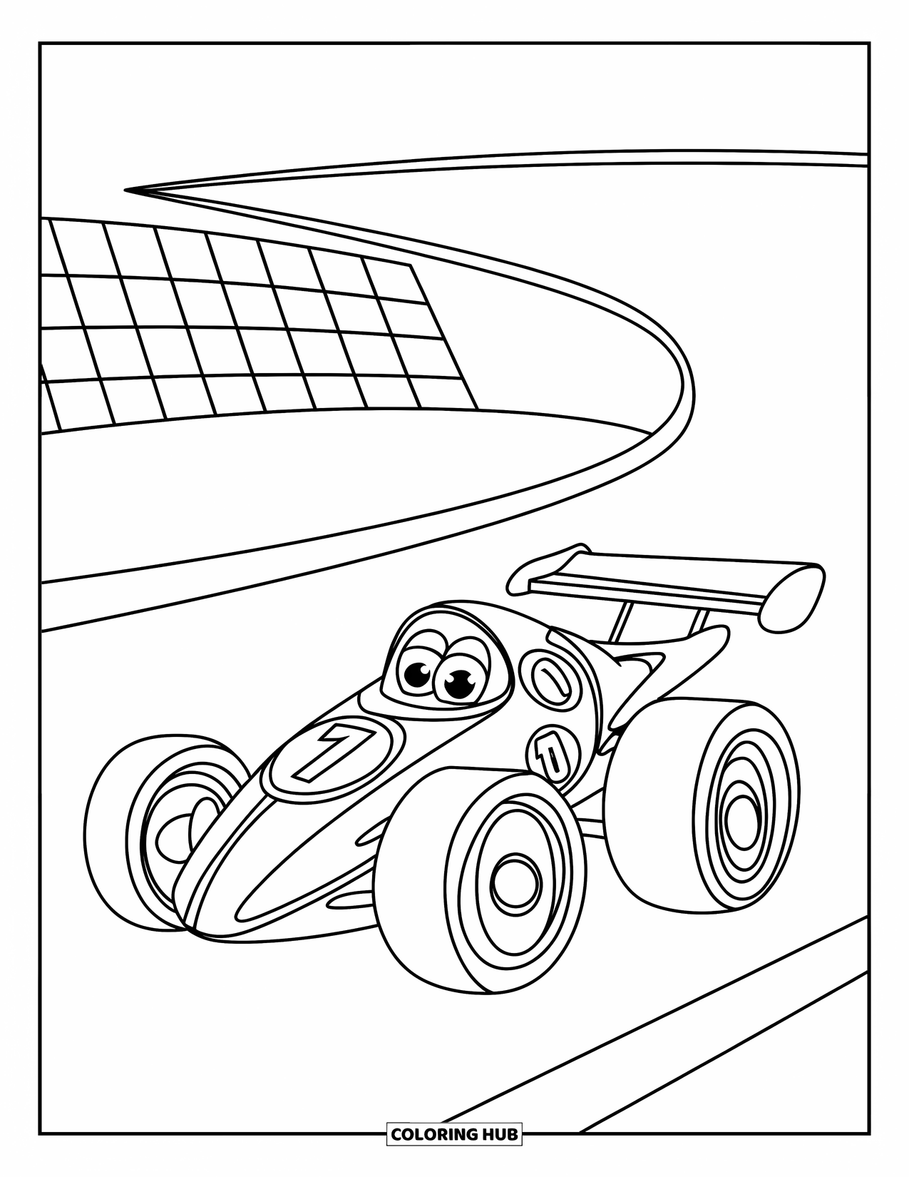 Raceauto Kleurplaat voor Kinderen: Een schattige raceauto met grote wielen en een groot nummer staat op een circuit met een vlag