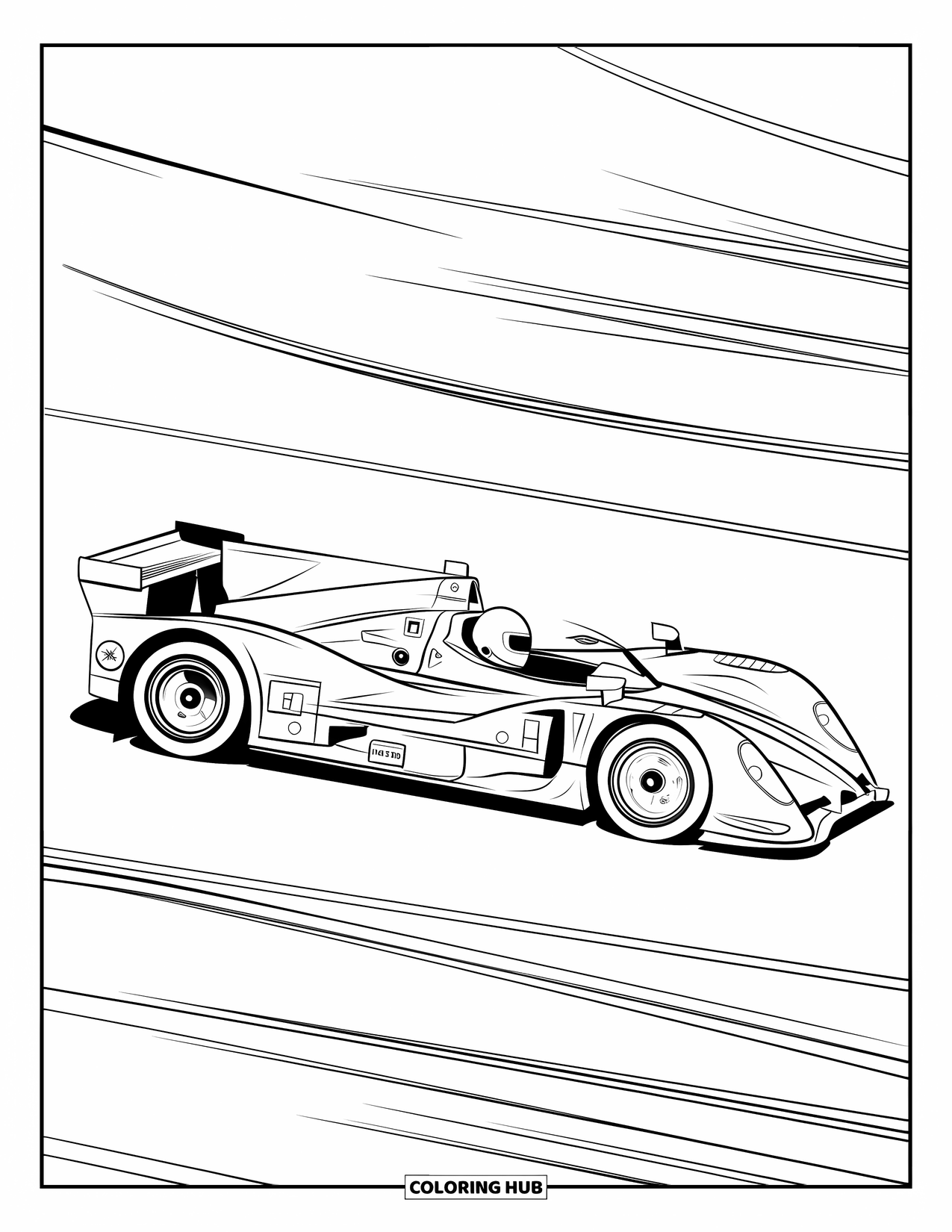 Raceauto Kleurplaat voor Kinderen: Een snelle raceauto racet op een bochtig circuit met een zichtbare coureur met helm