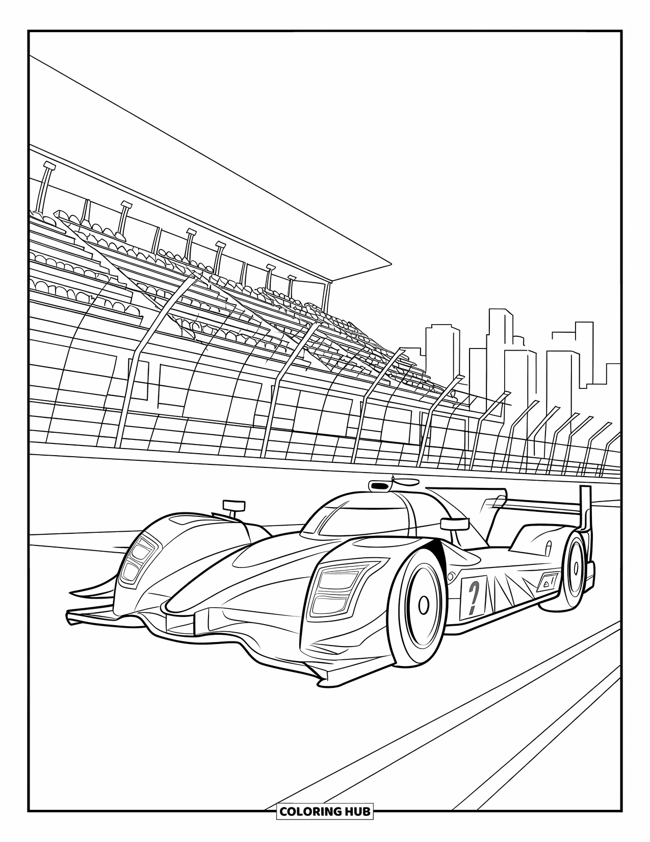 Raceauto Kleurplaat voor Kinderen: Een snelle raceauto racet onder een tribune door met een skyline van de stad in de verte