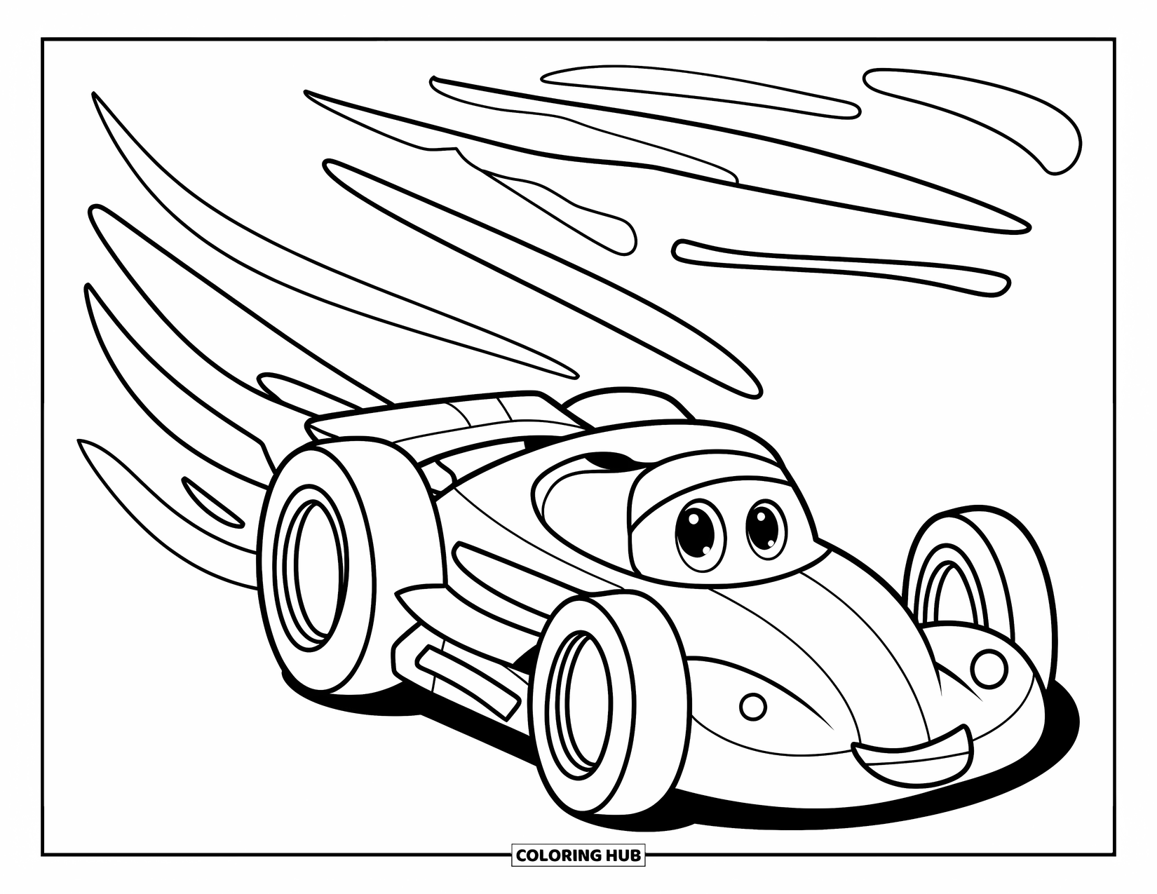 Raceauto Kleurplaat voor Kinderen: Een vriendelijke raceauto met grote wielen laat bochtige uitlaatlijnen achter