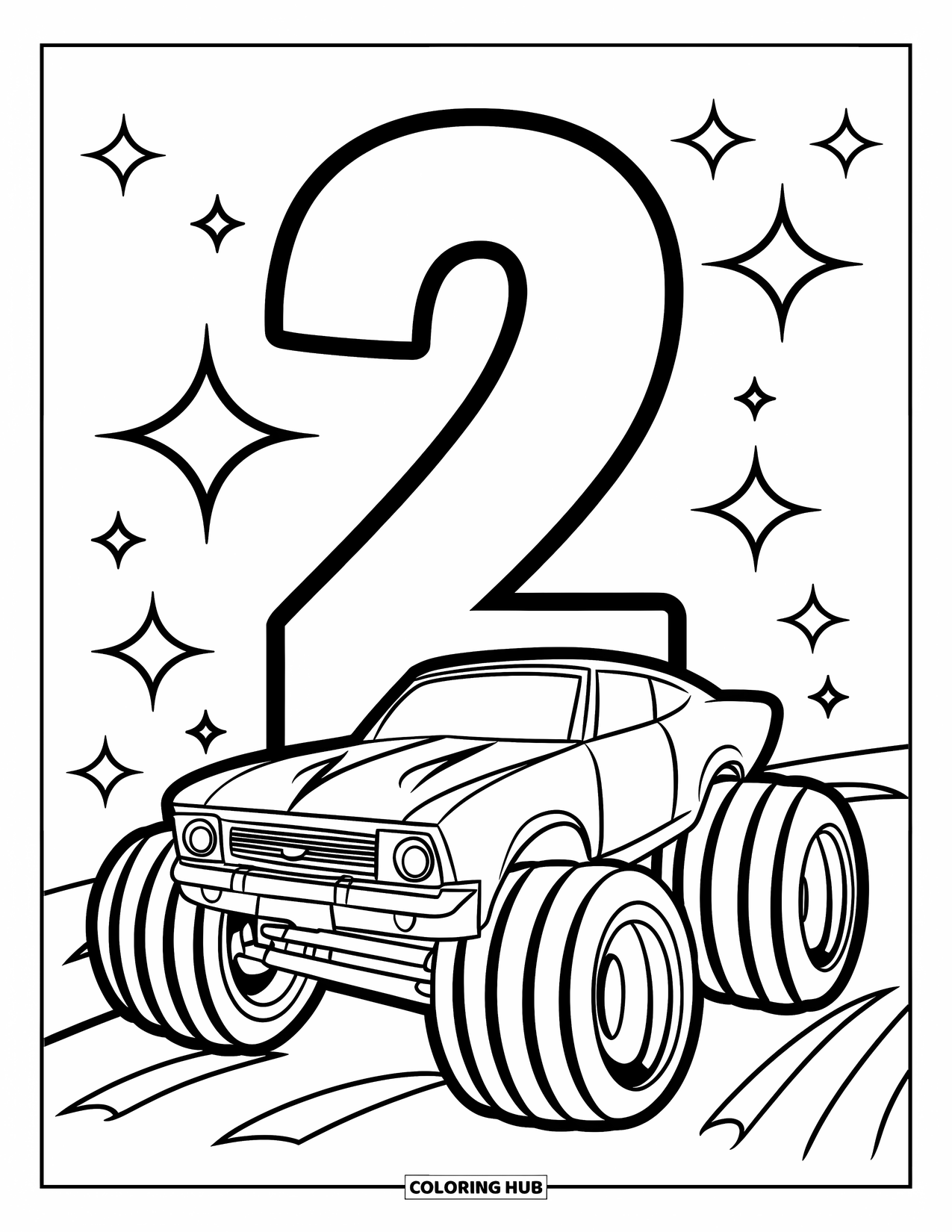 Raceauto Kleurplaat voor Kinderen: Een leuke auto met enorme banden en nummer 2 is omgeven door glitters