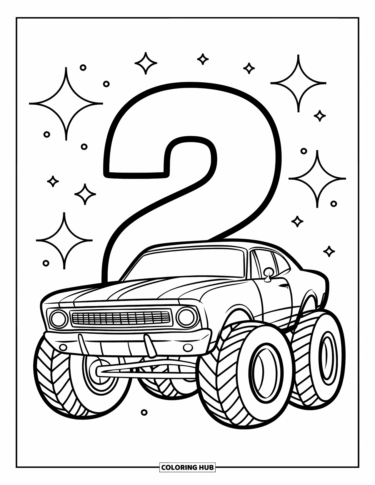 Kleurplaat raceauto voor kinderen: Een speelse auto met grote banden en nummer 2 zit tussen eenvoudige glitters