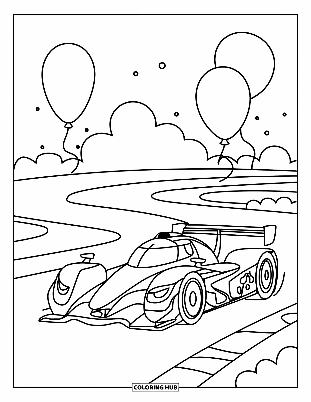 Raceauto Kleurplaat voor Kinderen: Een speelse raceauto rijdt op een bochtig circuit met ballonnen die in de lucht zweven