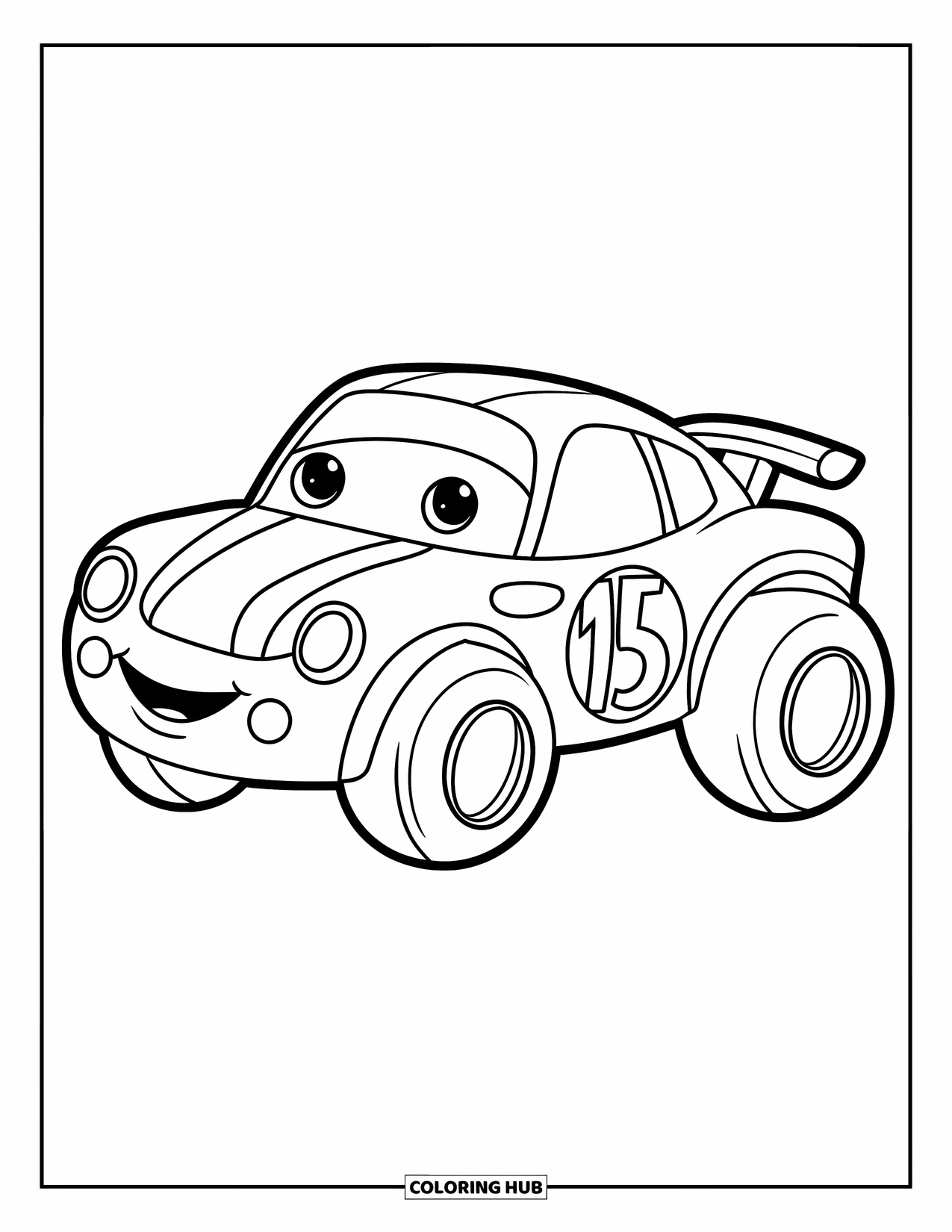 Kleurplaat raceauto voor kinderen: Een speelse raceauto met grote wielen en een groot nummer