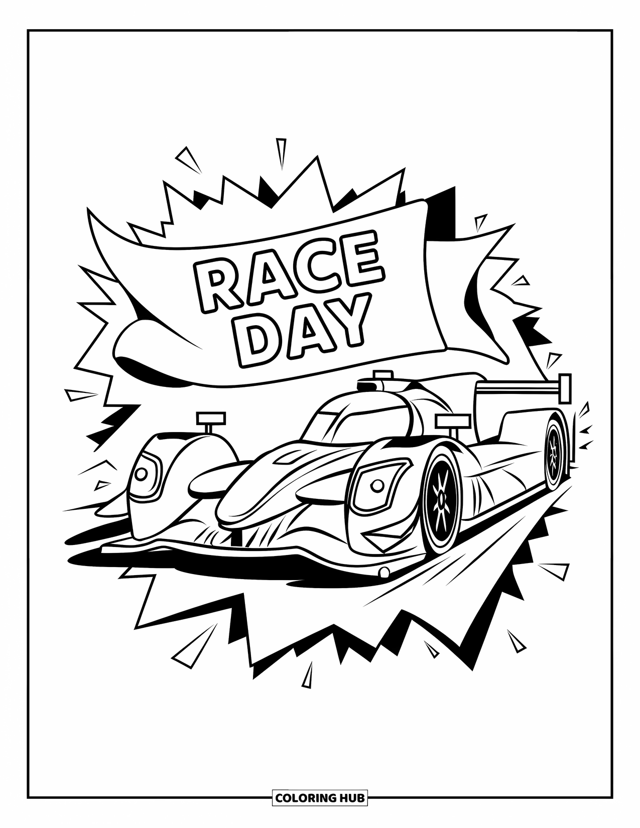 Raceauto Kleurplaat voor Kinderen: Een raceauto barst door een papieren banner met de tekst "Race Day"