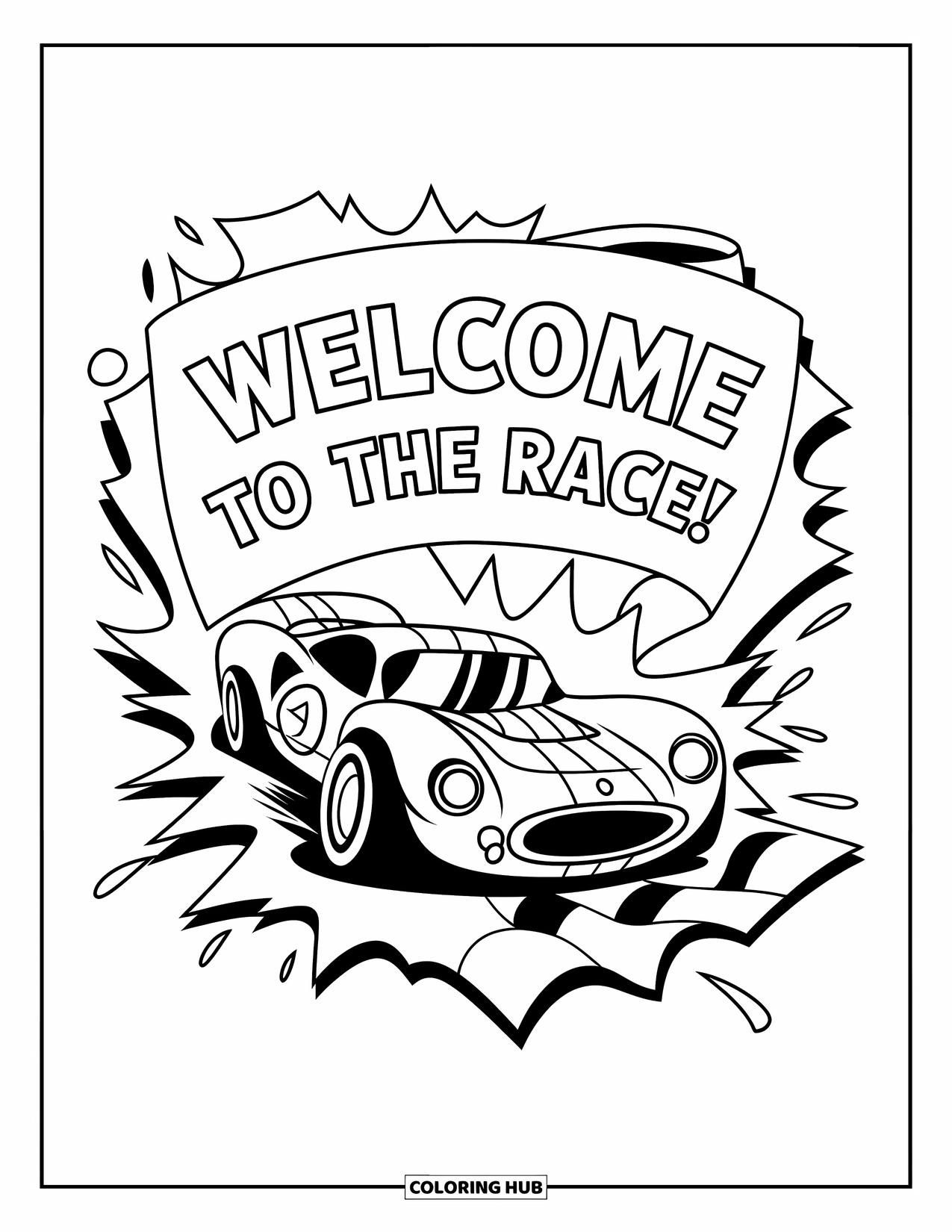 Raceauto Kleurplaat voor Kinderen: Een raceauto crasht door een papieren banner met de tekst "Welkom bij de Race!"